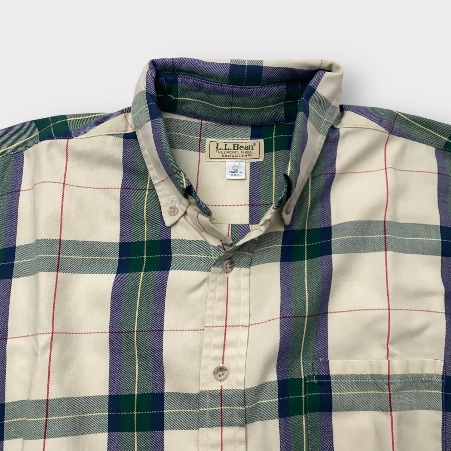 LL Bean Men's Size L Ivory Green Blue Plaid Flannel Button-Up Shirt
