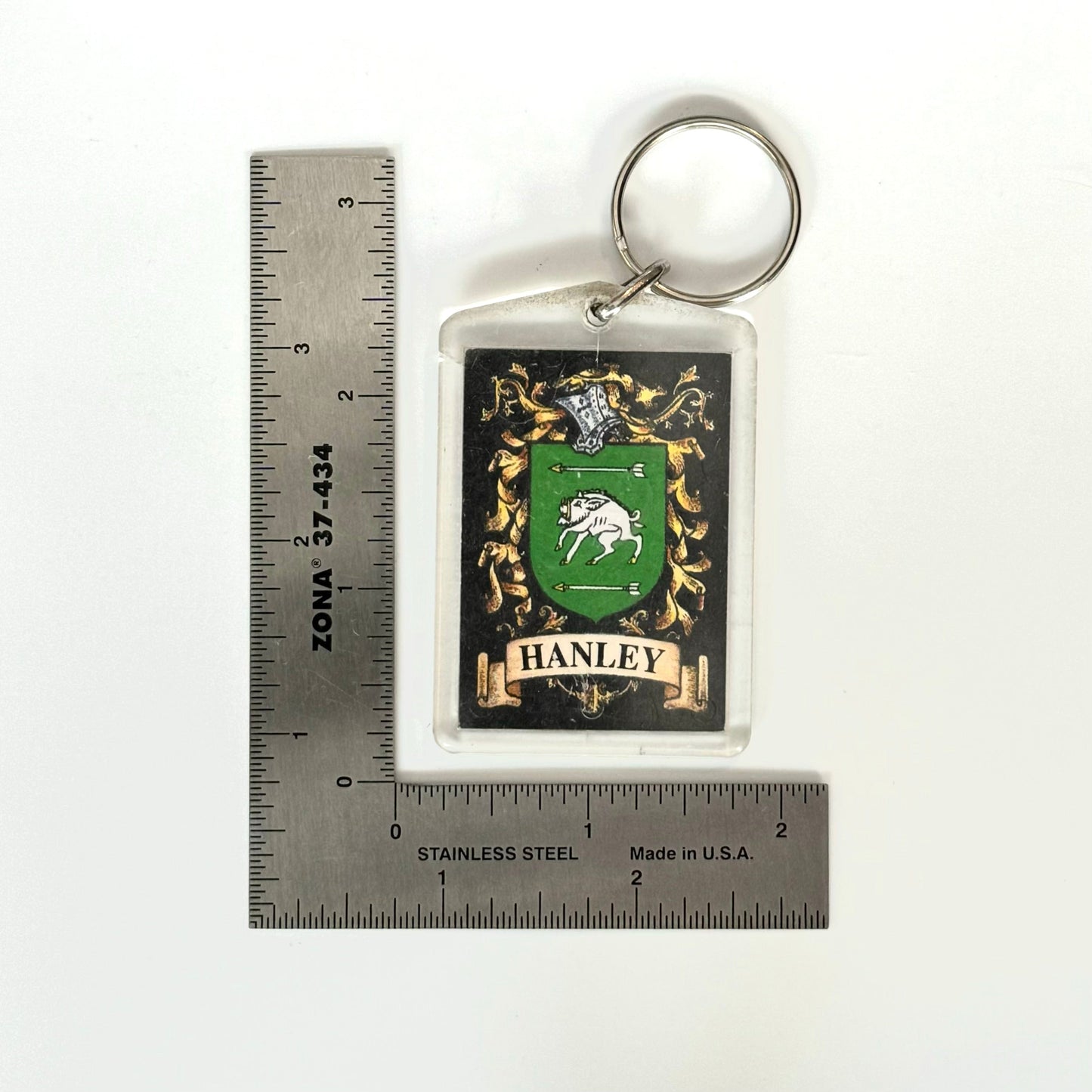 Hanley Family Crest Key Ring Rectangle Clear Acrylic, Fair Condition