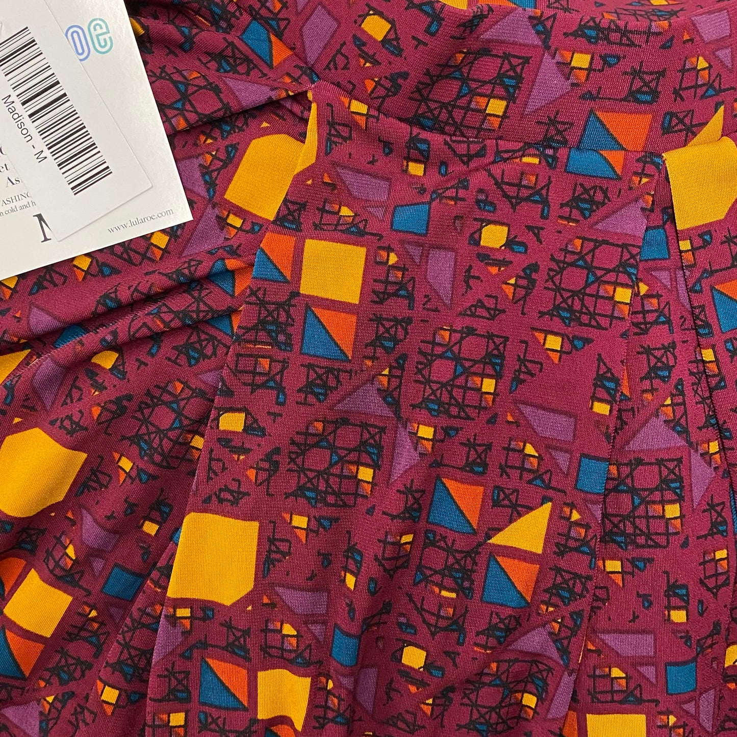 LuLaRoe Madison Pleated Skirt w/Pockets | M (10-12) | Purple/Yellow Geometric | NWT