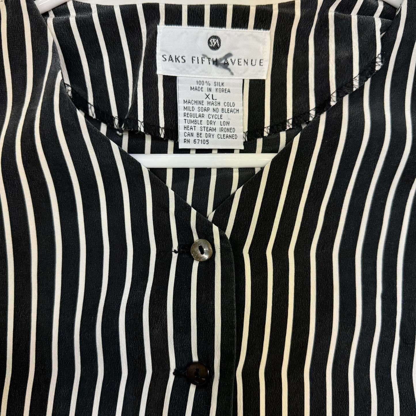 Vintage | Womens Striped Button-Up Silk Blouse | Size: XL | Color: Black/White | EUC
