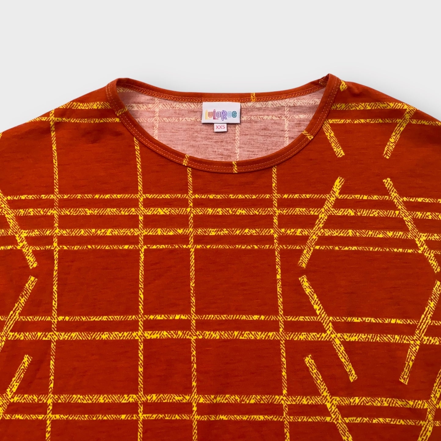 LuLaRoe Irma Tunic Top - Rust Orange & Yellow Geometric Plaid - XXS (00) - Soft Stretch Knit - High-Low Hem