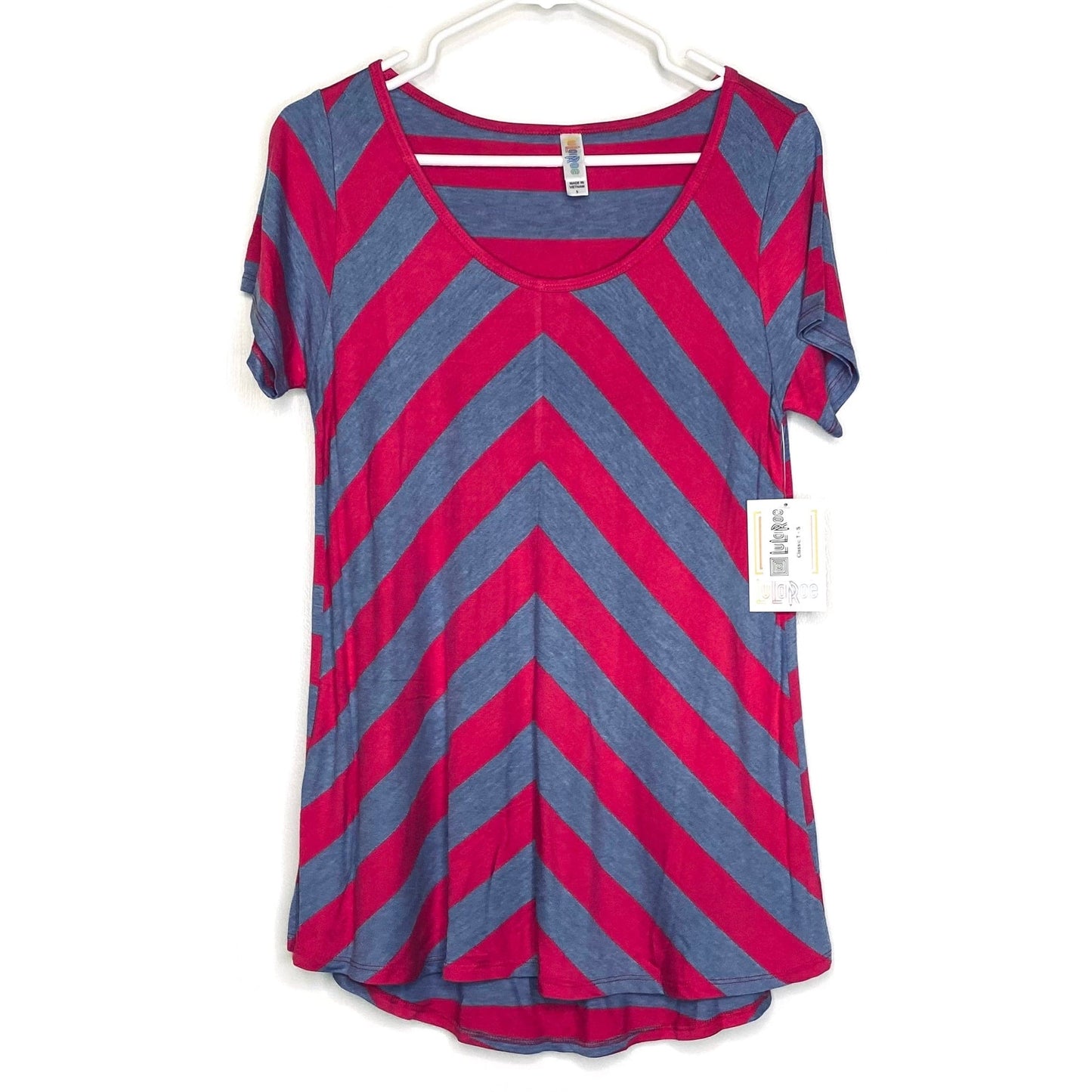 LuLaRoe Womens S Pink/Blue Diagonal Striped Classic T S/s Top NWT