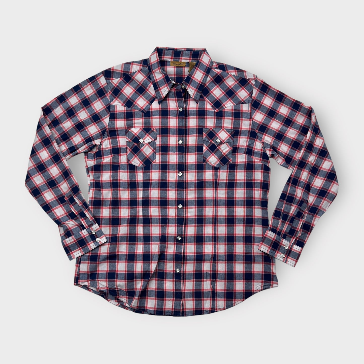 Women's Blue, White, and Red Plaid Western Pearl Snap Shirt - Size L - Wrangler
