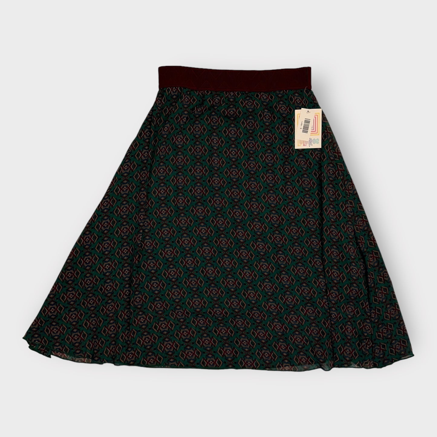 LuLaRoe Lined Lola Skirt | S | Brick Red/Green Geometric | NWT