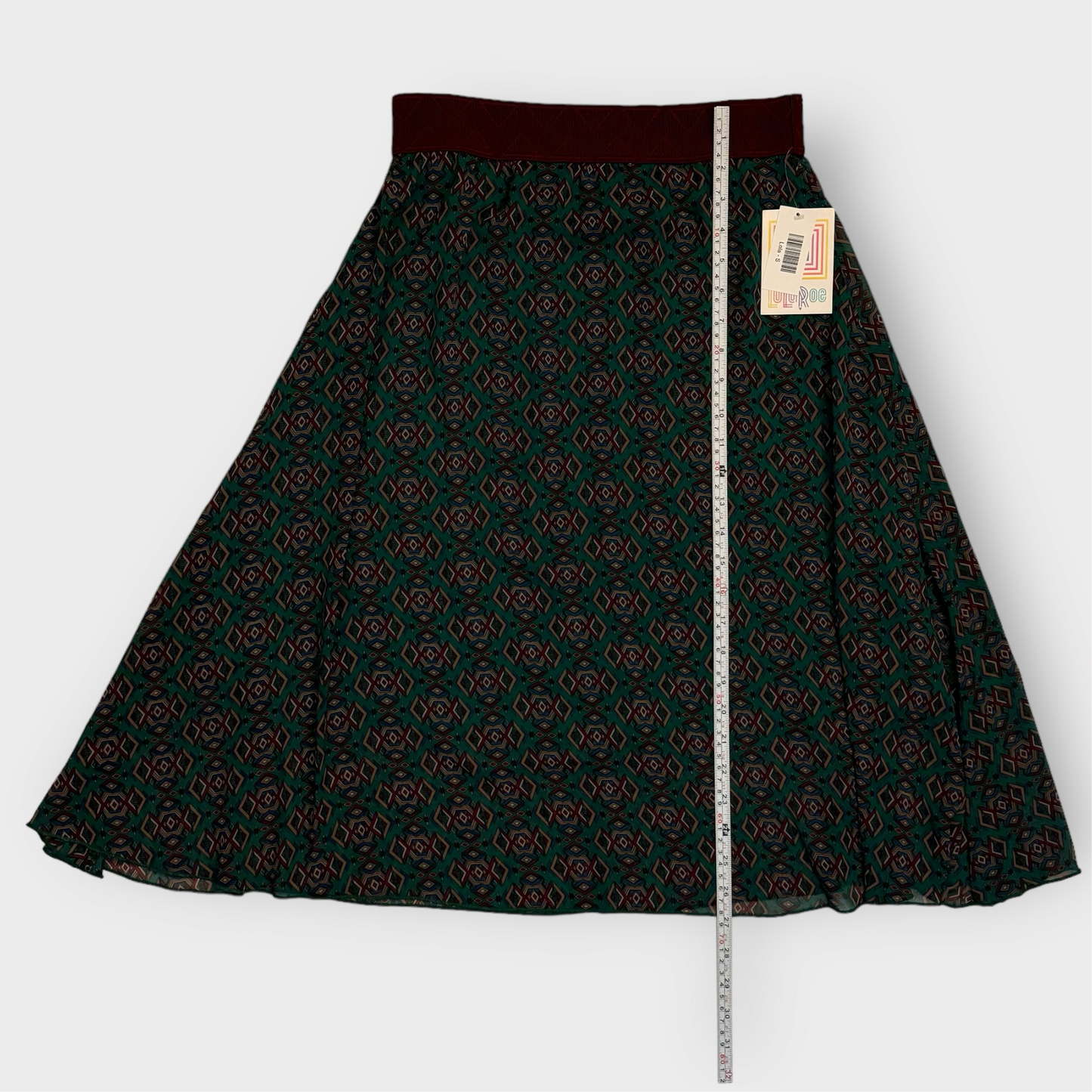 LuLaRoe Lined Lola Skirt | S | Brick Red/Green Geometric | NWT