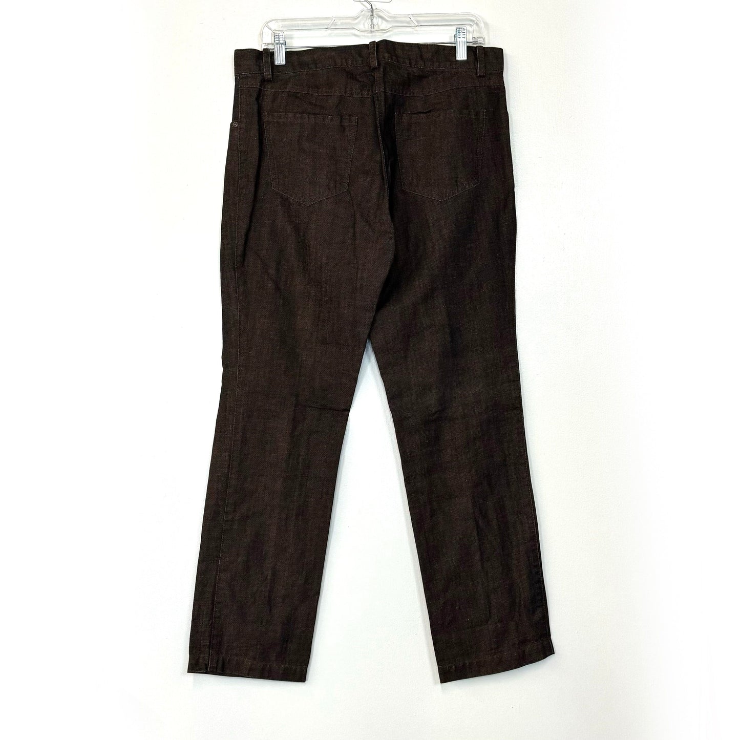 Peruvian Connection Women's Linen Denim Over Dye Jeans - Pre-Owned Size 12 for Casual Wear - Color: Brown