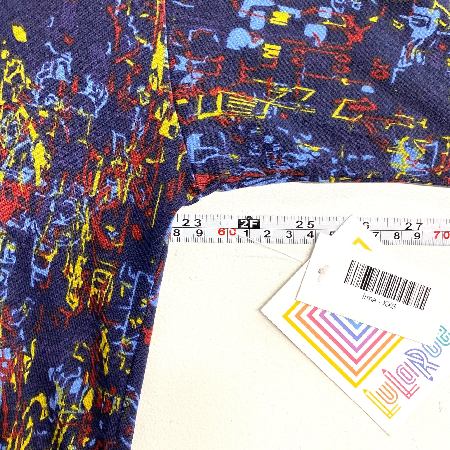 LuLaRoe Womens XXS Irma Red/Yellow/Blue Abstract S/s Tunic Top NWT