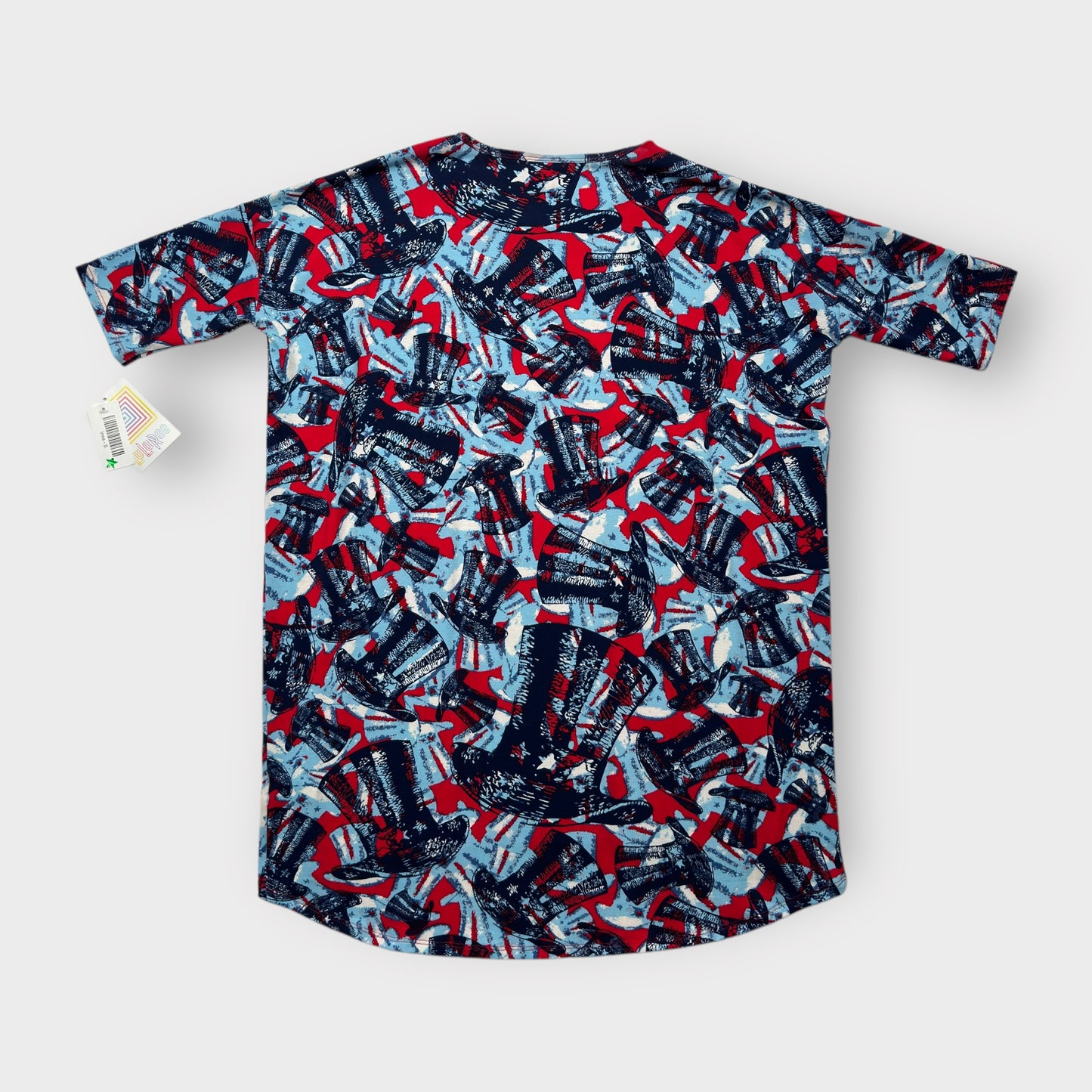 LuLaRoe Irma Tunic Top - Patriotic Uncle Sam Hat Print - Women's S (4-6) - High-Low Hem - Red/White/Blue