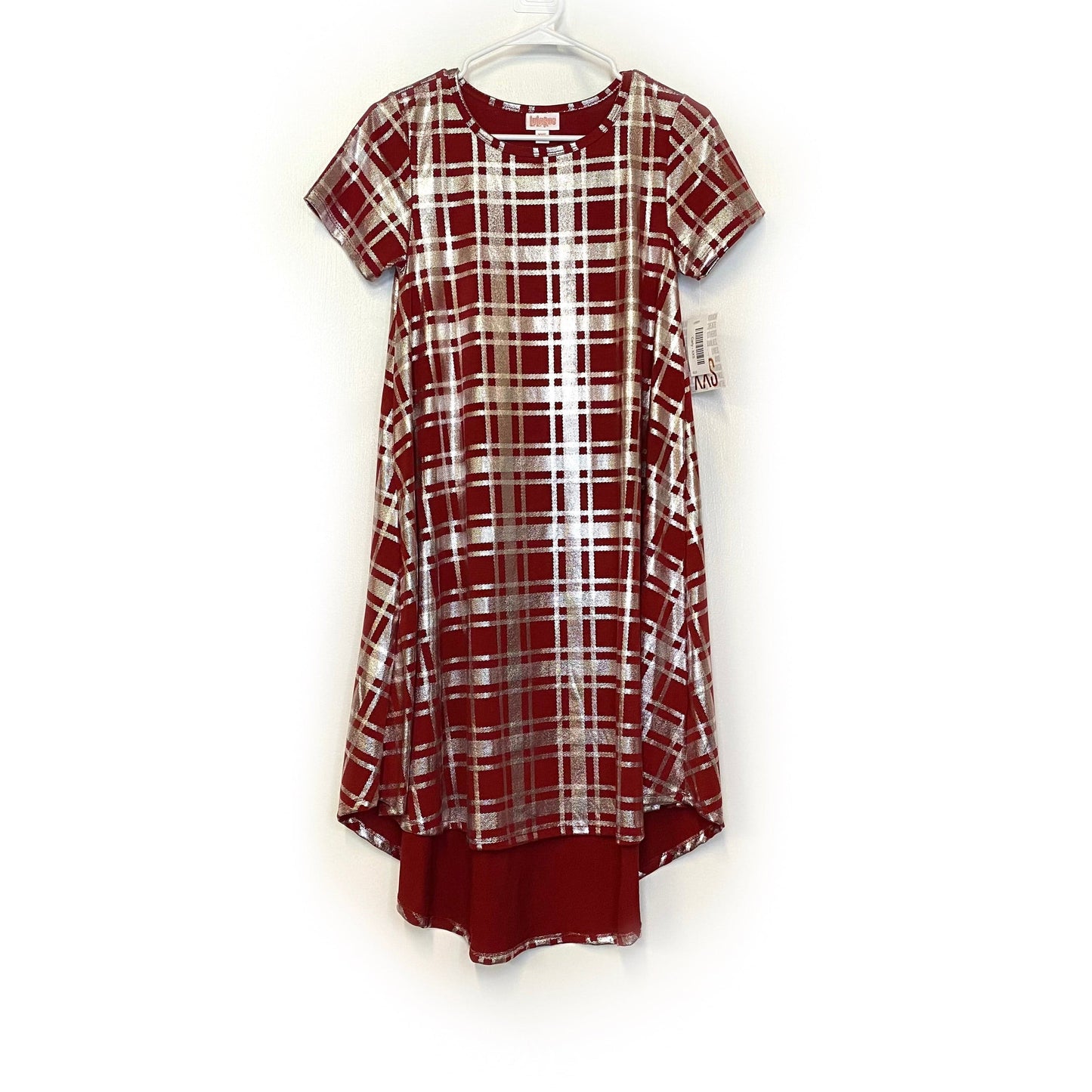 LuLaRoe Womens XXS Berry Red/Silver Metallic ELEGANT 'Carly' S/s Swing Dress NWT