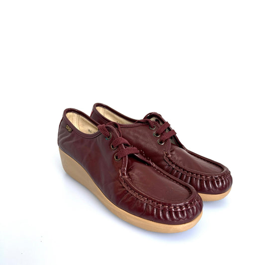SAS Womens Lace Up Wedge Moccasin, Size 8S Burgundy Wine Red Leather Comfort Shoes, New