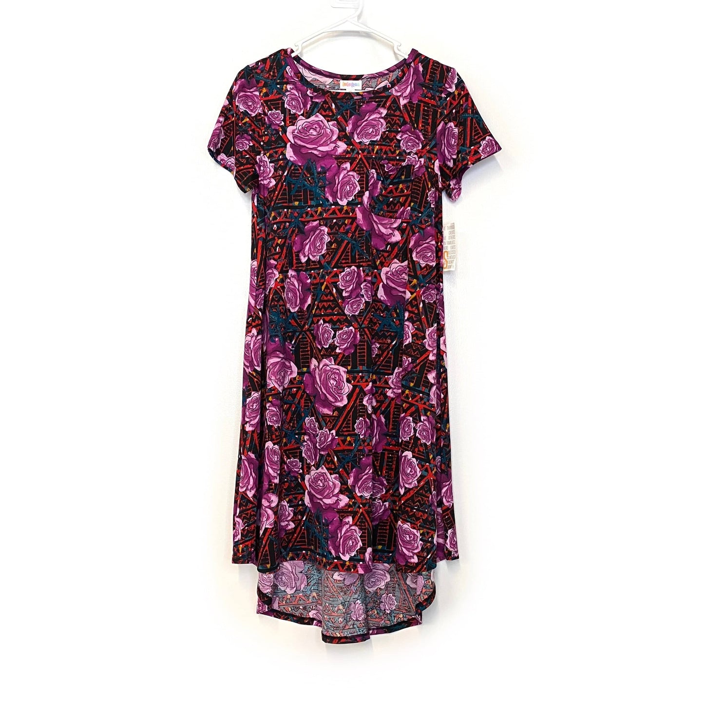 LuLaRoe Womens XS Purple/Red/Blue Abstract/Floral 'Carly' S/s Swing Dress NWT