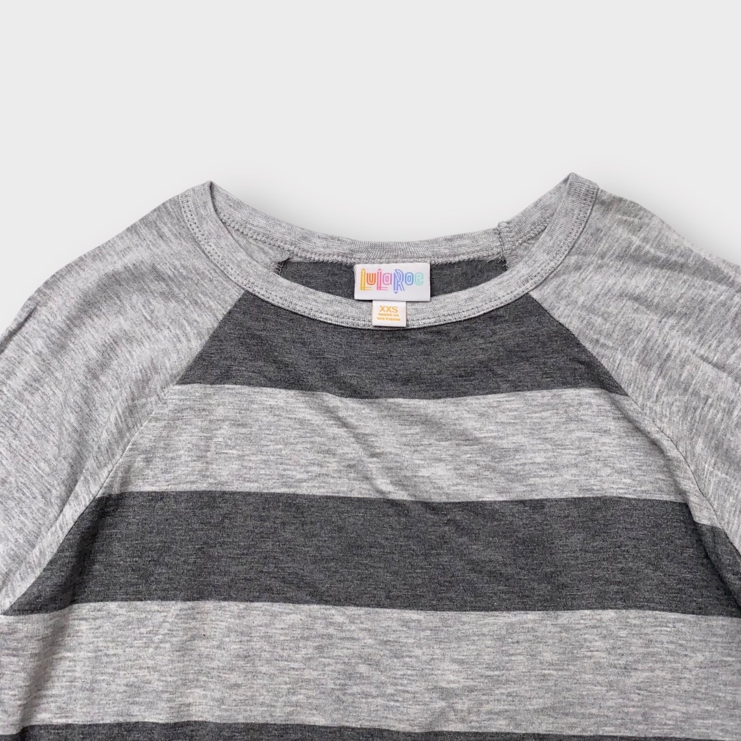 LuLaRoe Randy Tee XXS (00) - Gray and GRAY Striped Raglan - Soft Stretch Rayon Spandex Blend