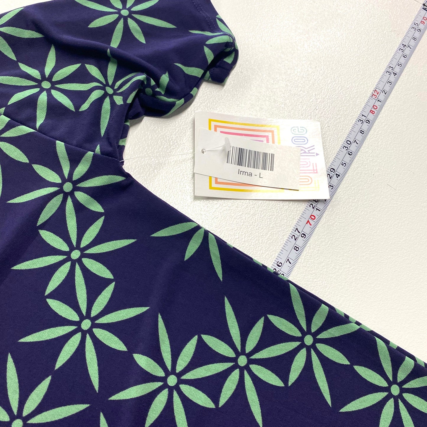 LuLaRoe Womens L Irma Deep Blue/Green Botanical Pattern S/s Tunic Top NWT