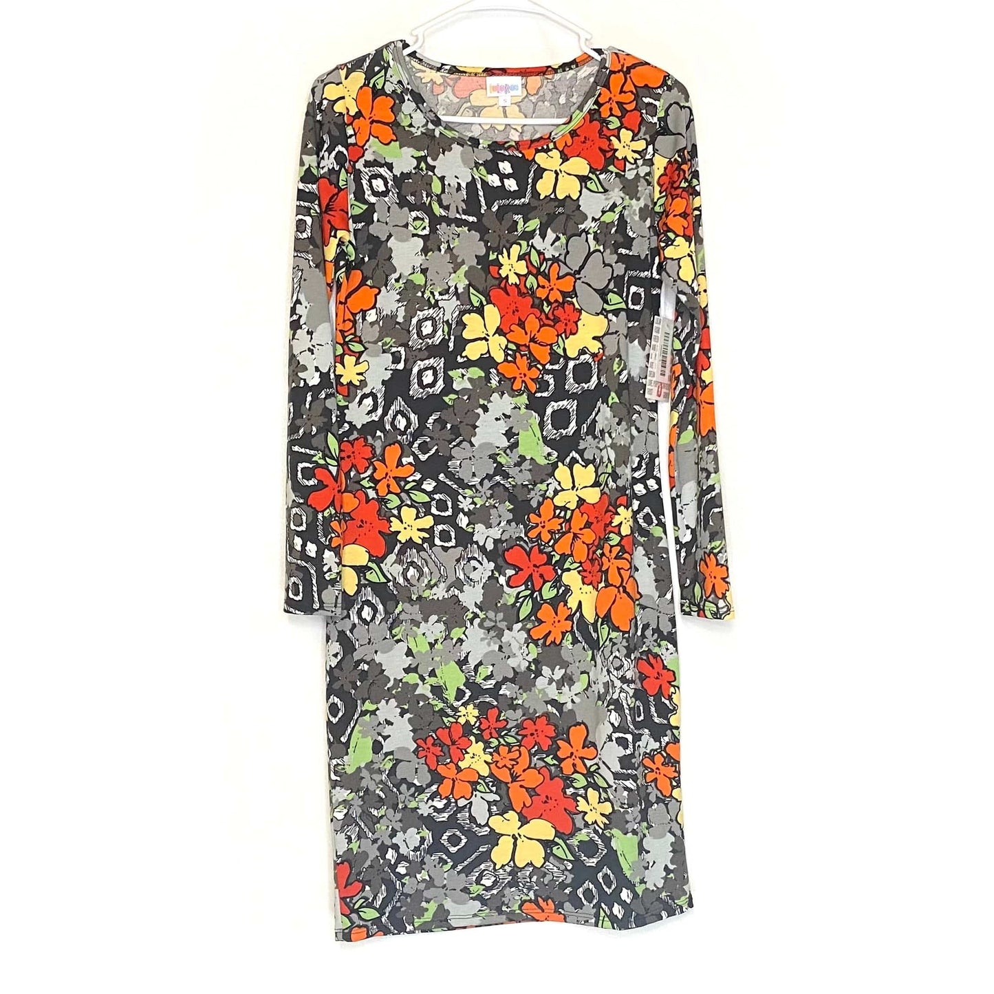 LuLaRoe Womens S Debbie Orange/Gray/Black Abstract/Floral Dress NWT