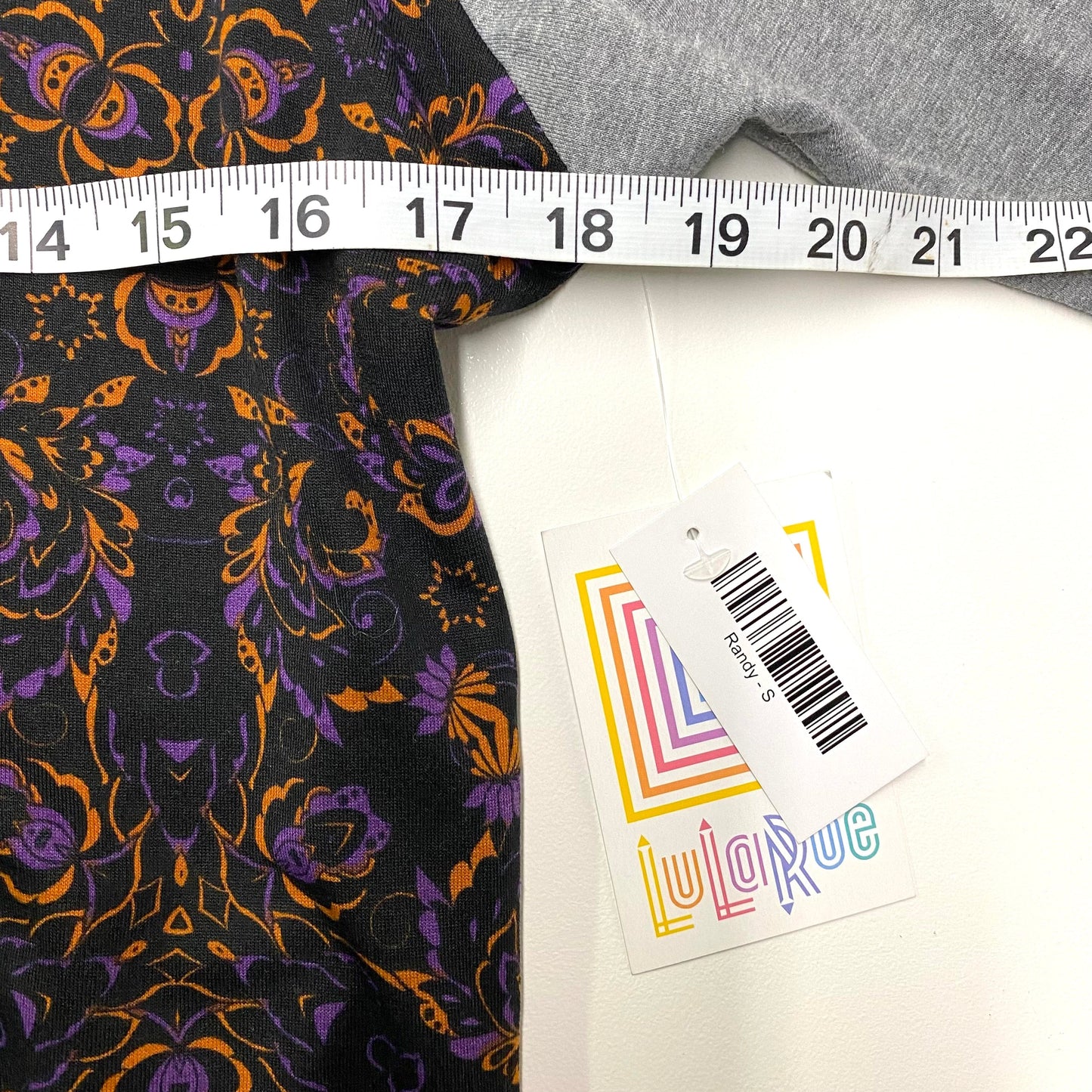 LuLaRoe Unisex S Gray/Purple/Black Floral Randy Geometric Raglan Top ¾ Sleeves NWT