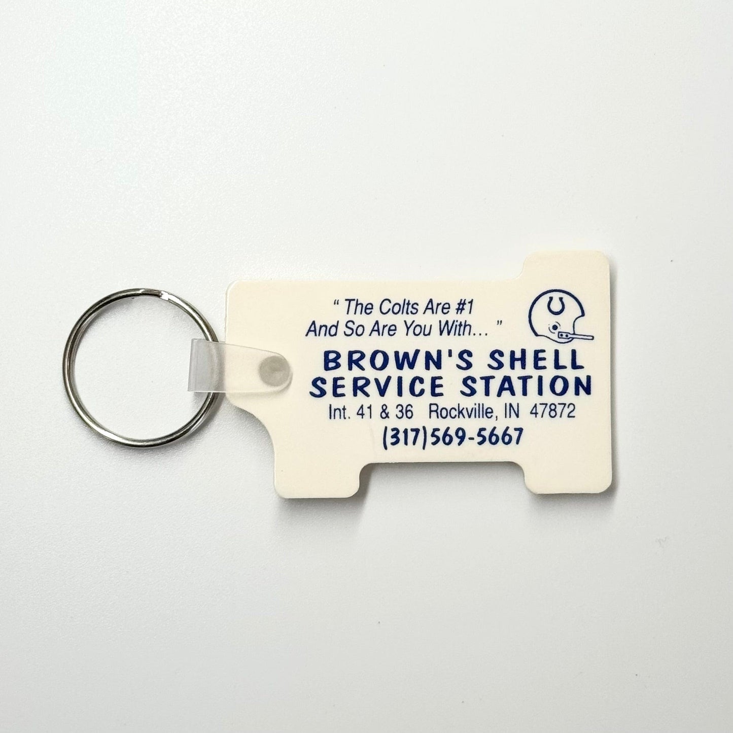 Rockville, IN ‘Brown’s Shell Station/Colts 1991 Schedule’ Keychain Key Ring White Rubber #1