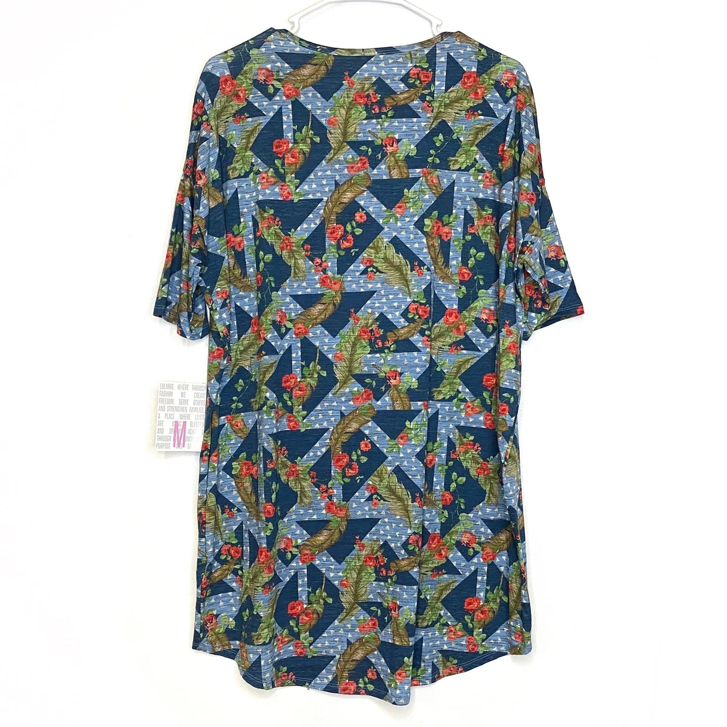 LuLaRoe Womens M Irma Blue Floral/Triangles Pattern S/s Tunic Top NWT
