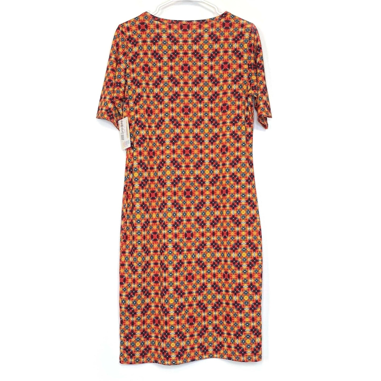 LuLaRoe Julia Bodycon Dress | L (12-14) | Red/Orange | Geometric | NWT