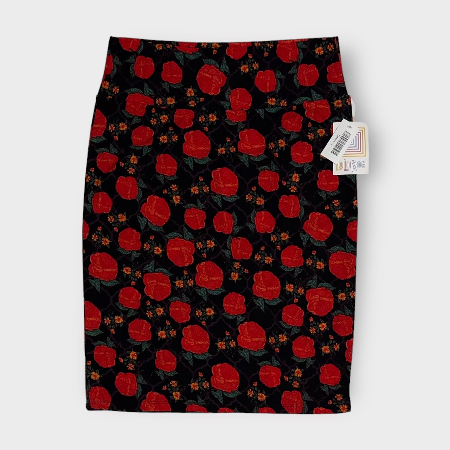 LuLaRoe Cassie Pencil Skirt | L (14-16) | Black/Red Roses | NWT