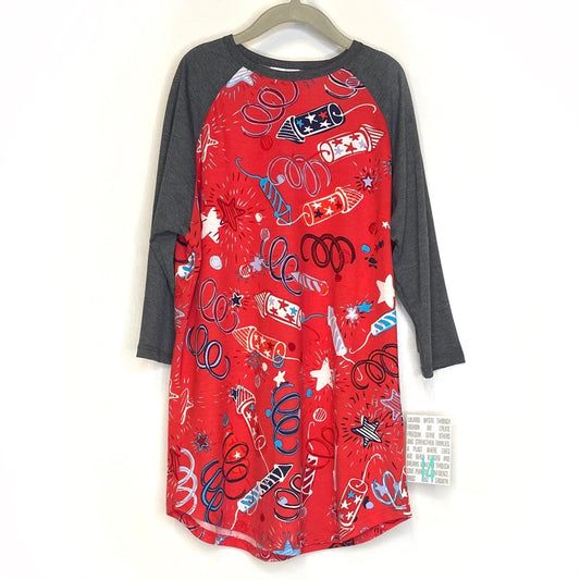 LuLaRoe Kids Unisex 14 Gray/Red Sloan ‘Fireworks’ Raglan T-Shirt 3/4 Sleeves NWT