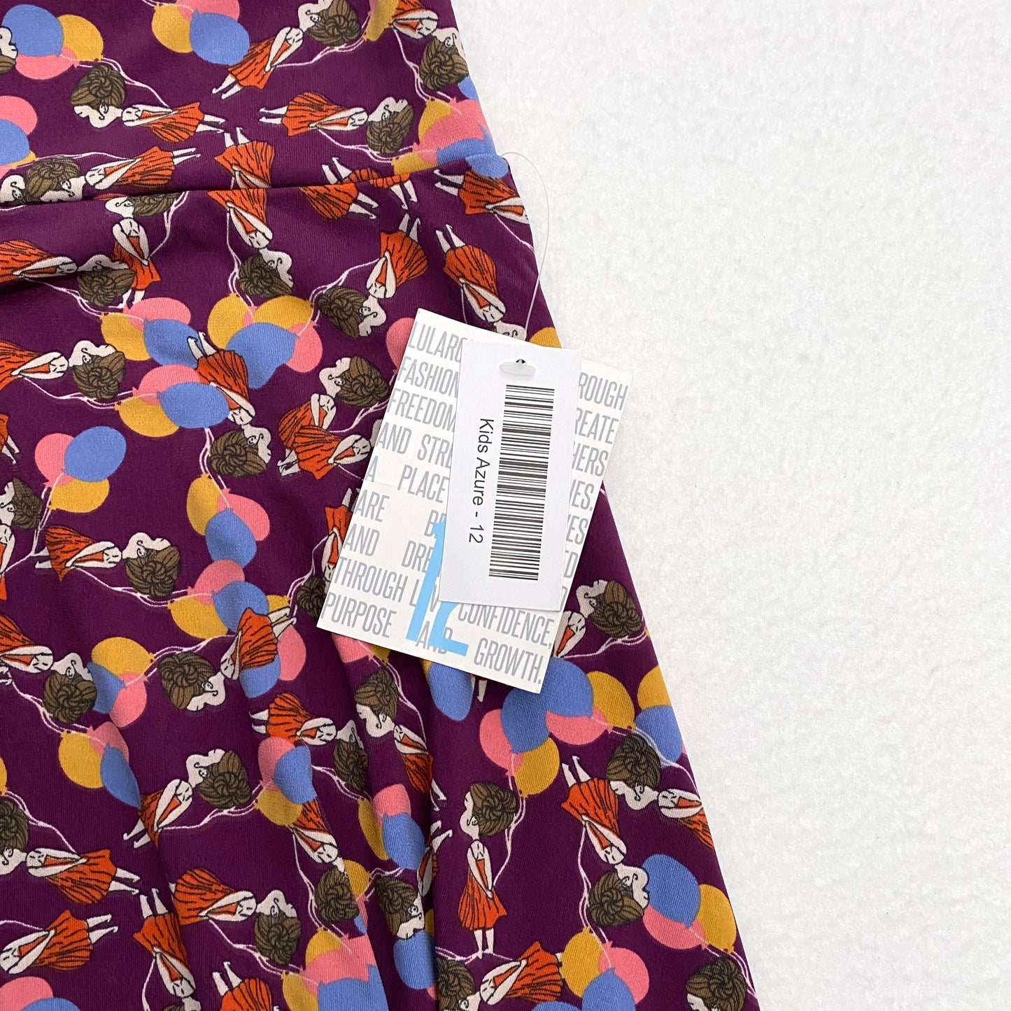 LuLaRoe Kids Azure A-Line Skirt | 12 (12-14) | Purple/Multicolor Girl w/Balloons | NWT