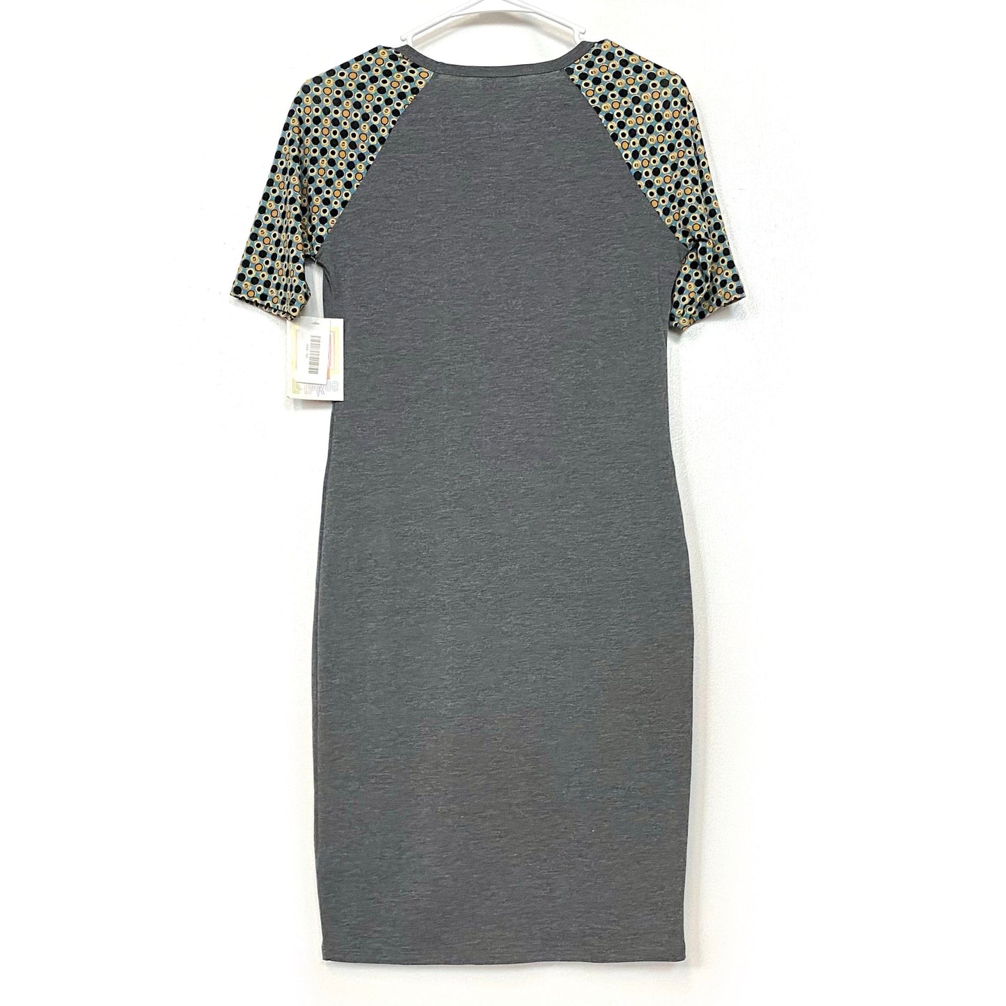 LuLaRoe Julia Bodycon Dress | XS (2-4) | Gray/Blue/Yellow | Spots | NWT
