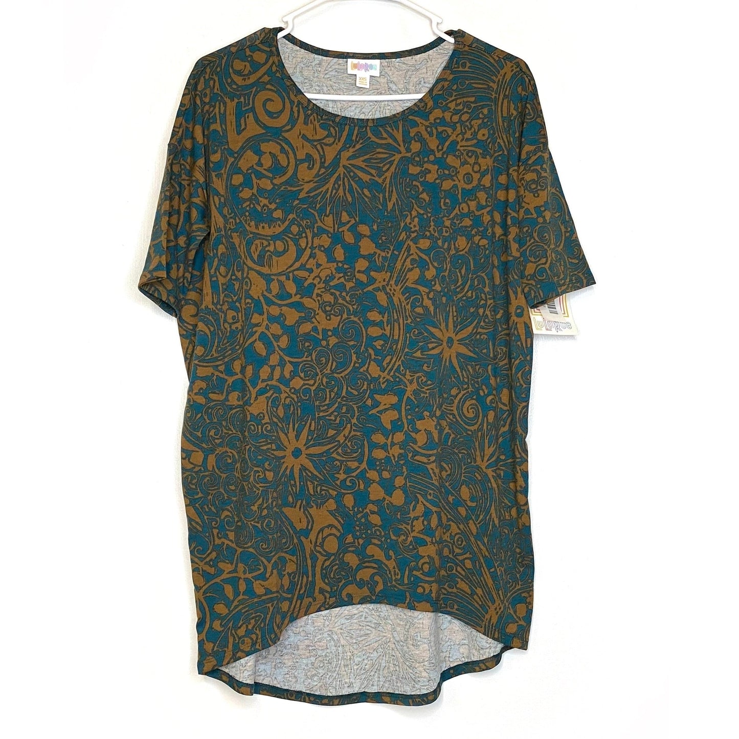 LuLaRoe Womens XXS Irma Brown/Green Botanical S/s Tunic Top NWT