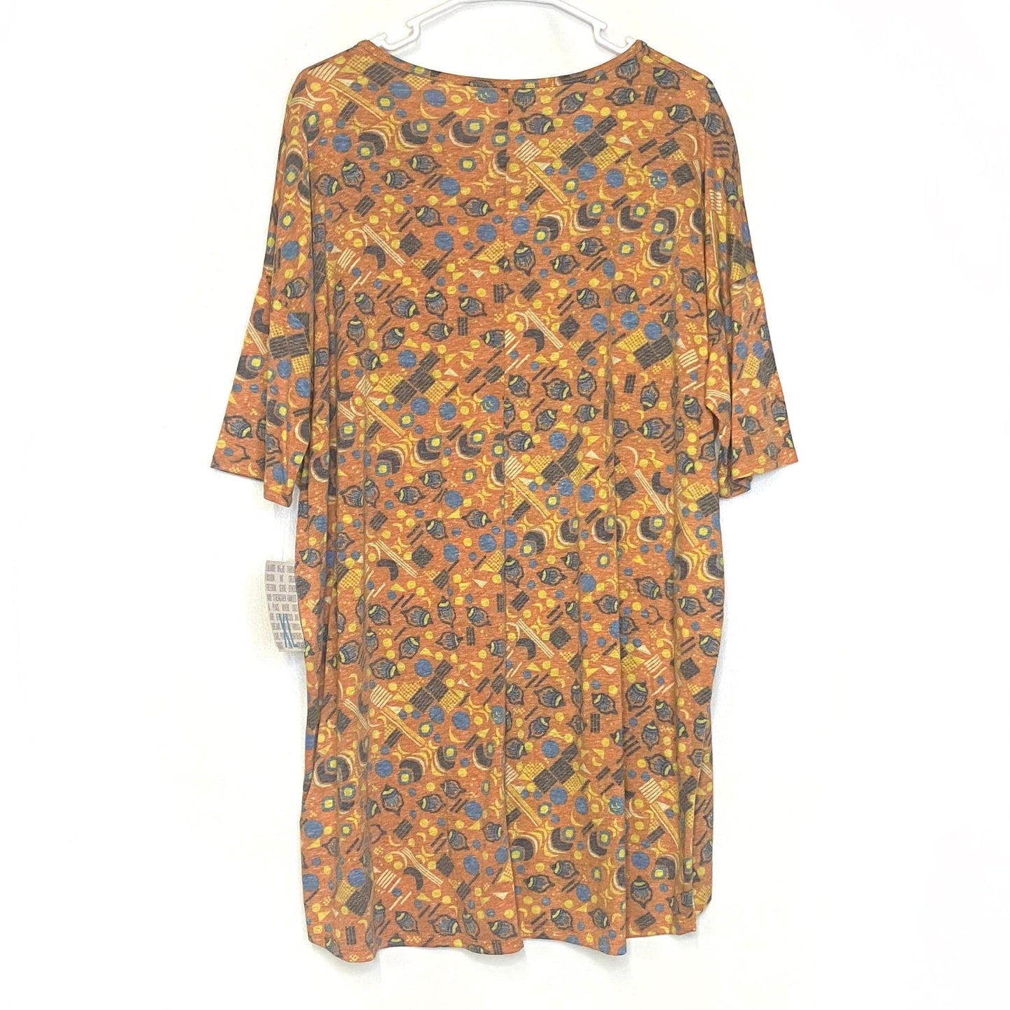 LuLaRoe Womens XL Irma Orange/Yellow/Blue Retro Pattern S/s Tunic Top NWT