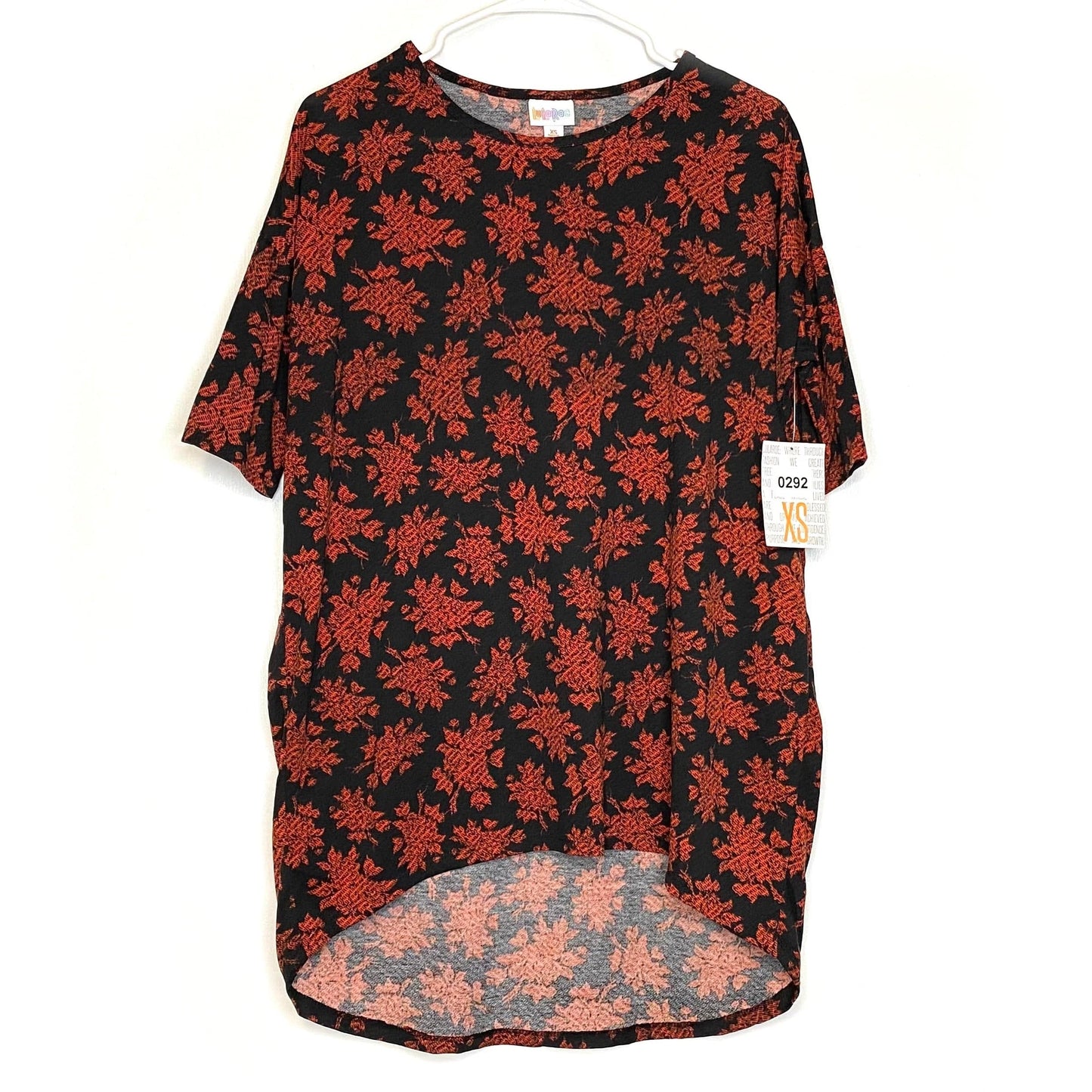 LuLaRoe Womens XS Irma Orange/Black Botanical Pattern S/s Tunic Top NWT