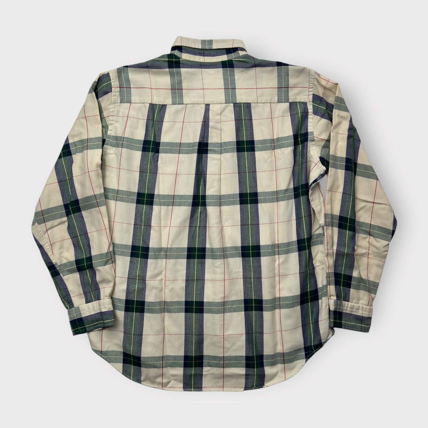 LL Bean Men's Size L Ivory Green Blue Plaid Flannel Button-Up Shirt