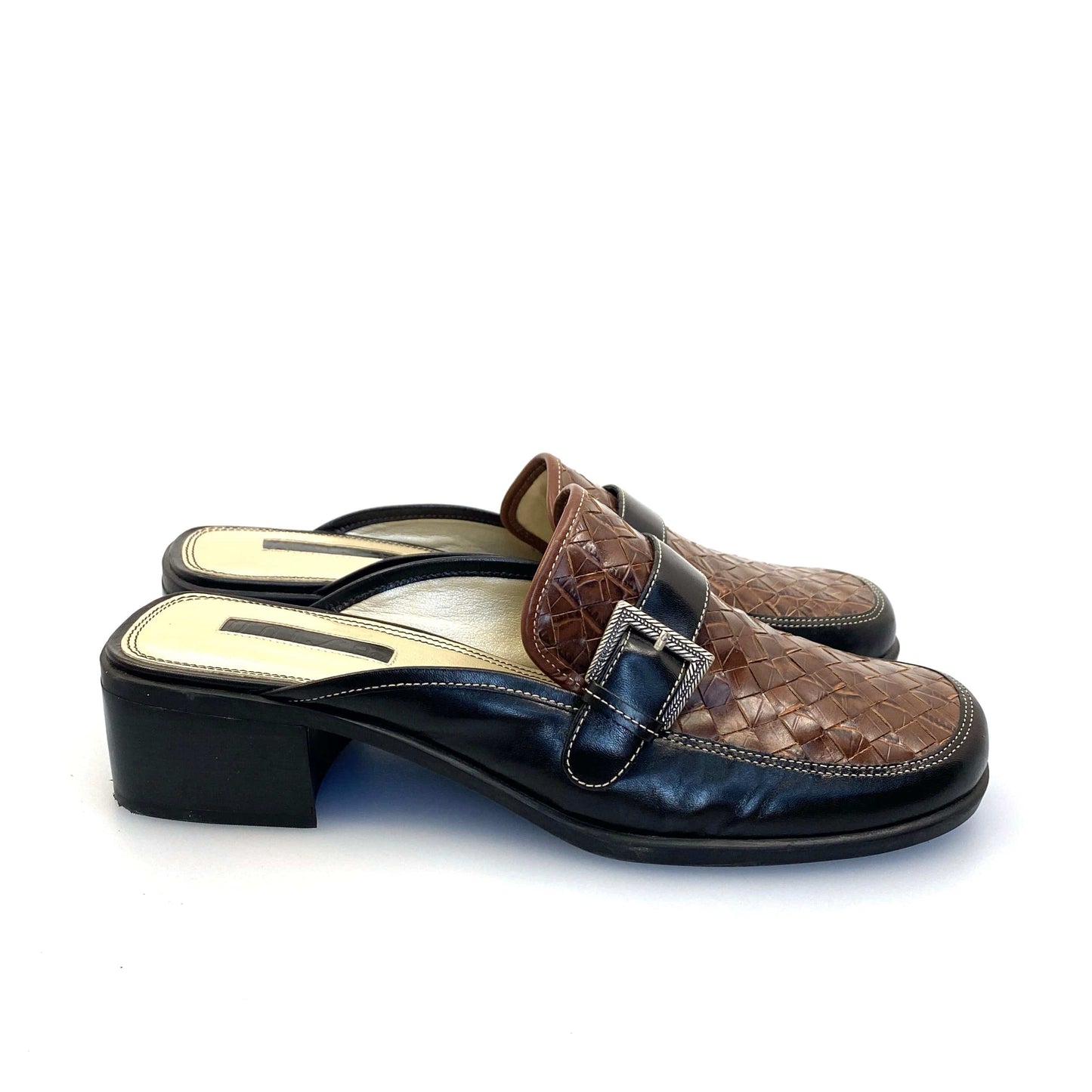 Stunning UNISA Womens Black/Brown Size 9 Weave Dress Mules Shoes w/Buckle