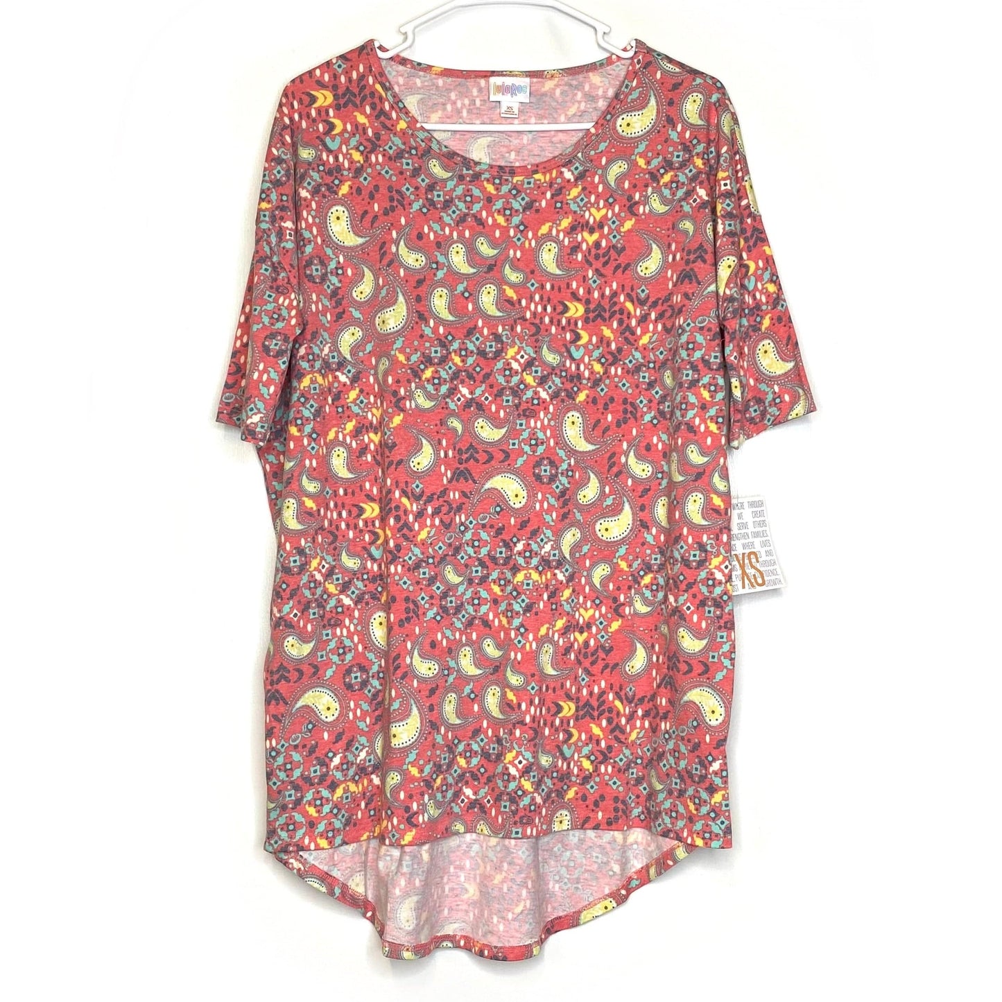 LuLaRoe Womens XS Irma Yellow/Red Paisley Pattern S/s Tunic Top NWT