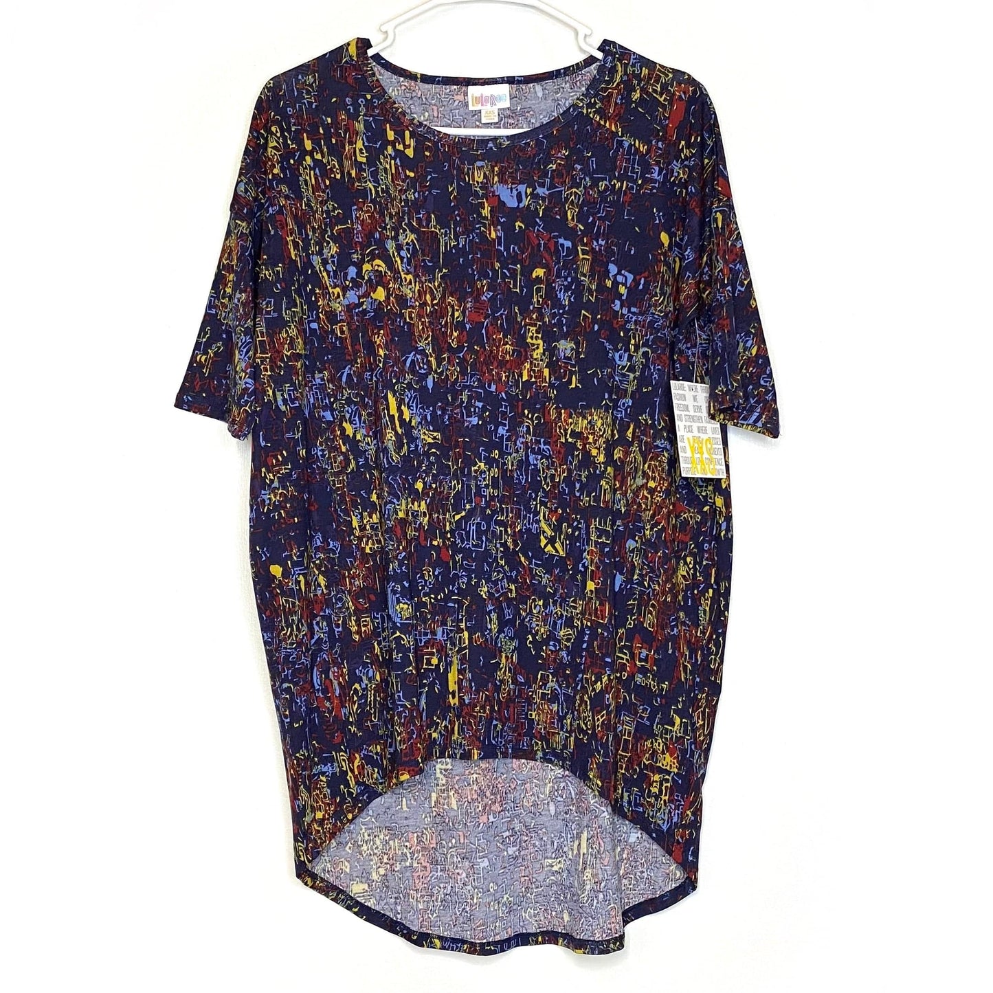 LuLaRoe Womens XXS Irma Red/Yellow/Blue Abstract S/s Tunic Top NWT