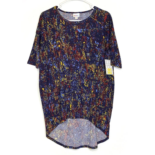 LuLaRoe Womens XXS Irma Red/Yellow/Blue Abstract S/s Tunic Top NWT