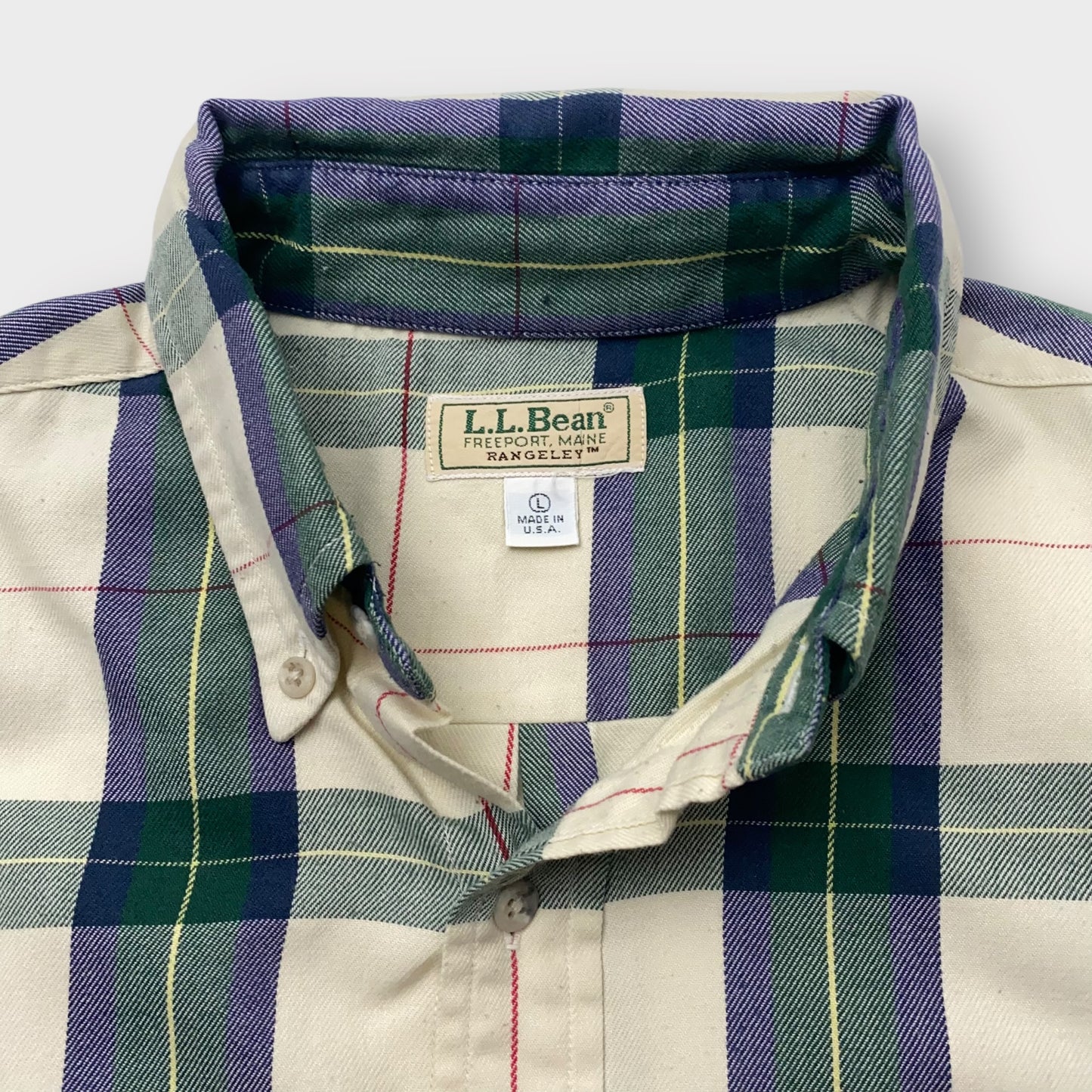 LL Bean Men's Size L Ivory Green Blue Plaid Flannel Button-Up Shirt