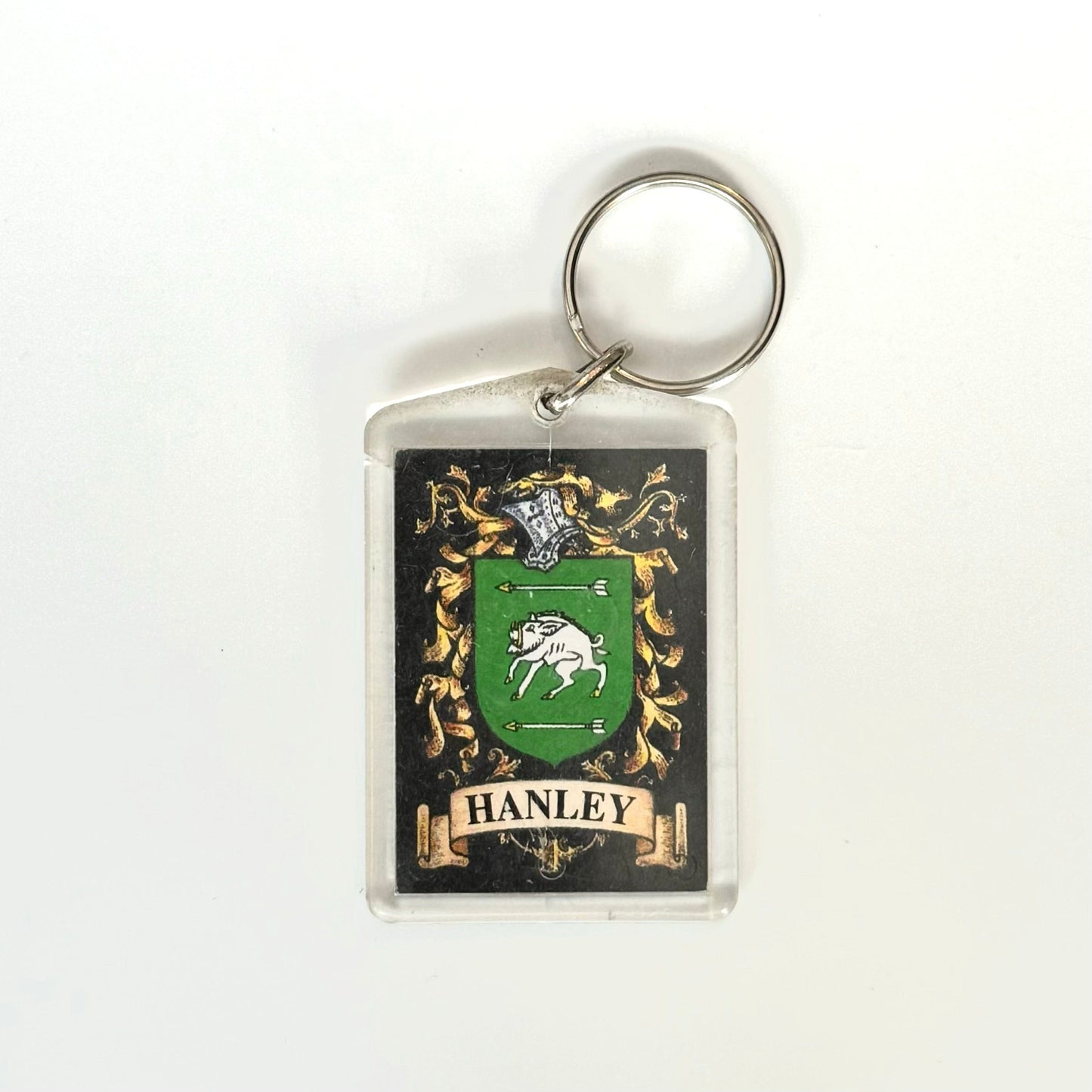 Hanley Family Crest Key Ring Rectangle Clear Acrylic, Fair Condition