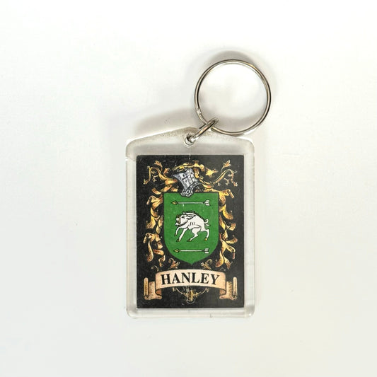 Hanley Family Crest Key Ring Rectangle Clear Acrylic, Fair Condition