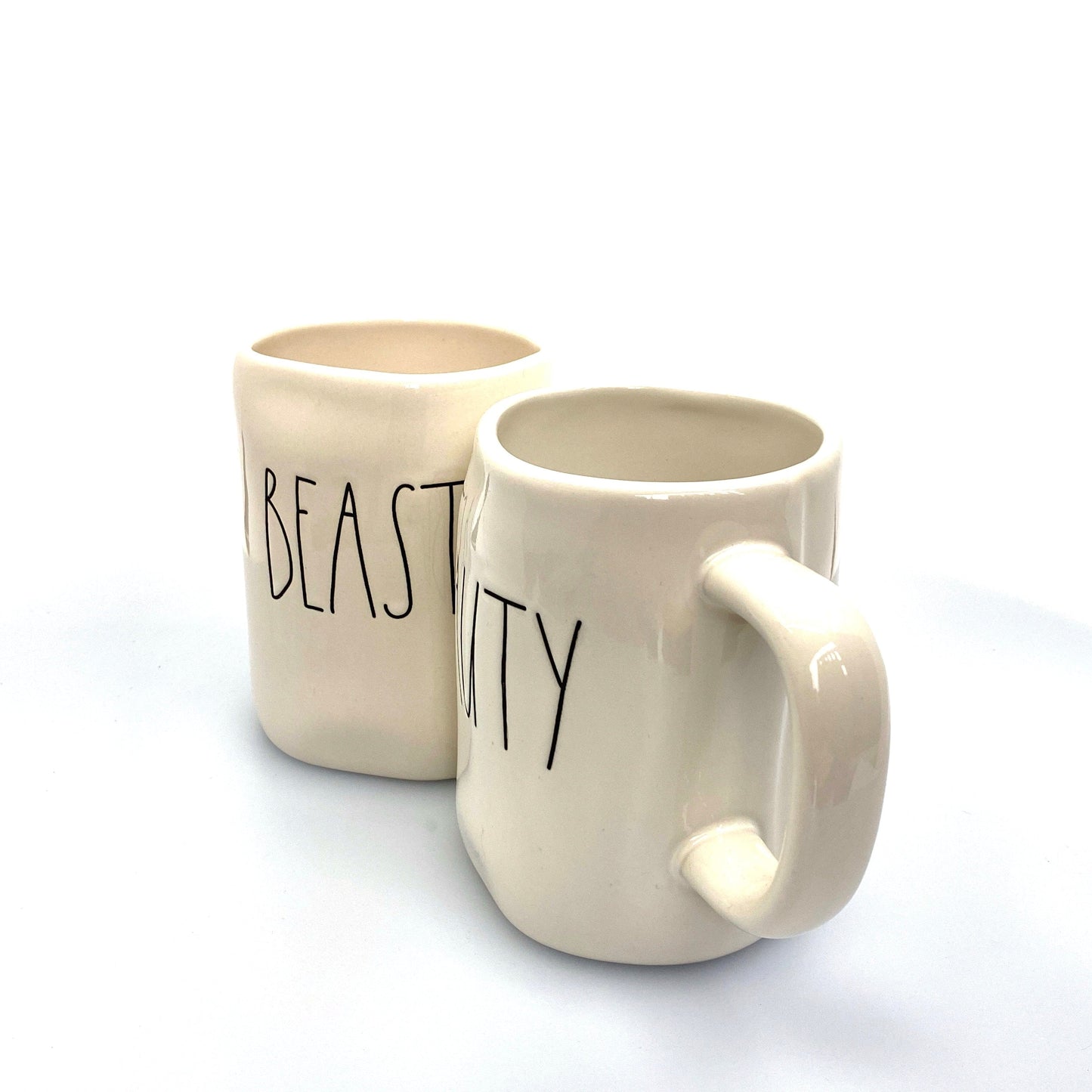 Pair of Rae Dunn ‘BEAUTY/BEAST’ Large Letters White Coffee Cup Mug By Magenta Pre-Owned