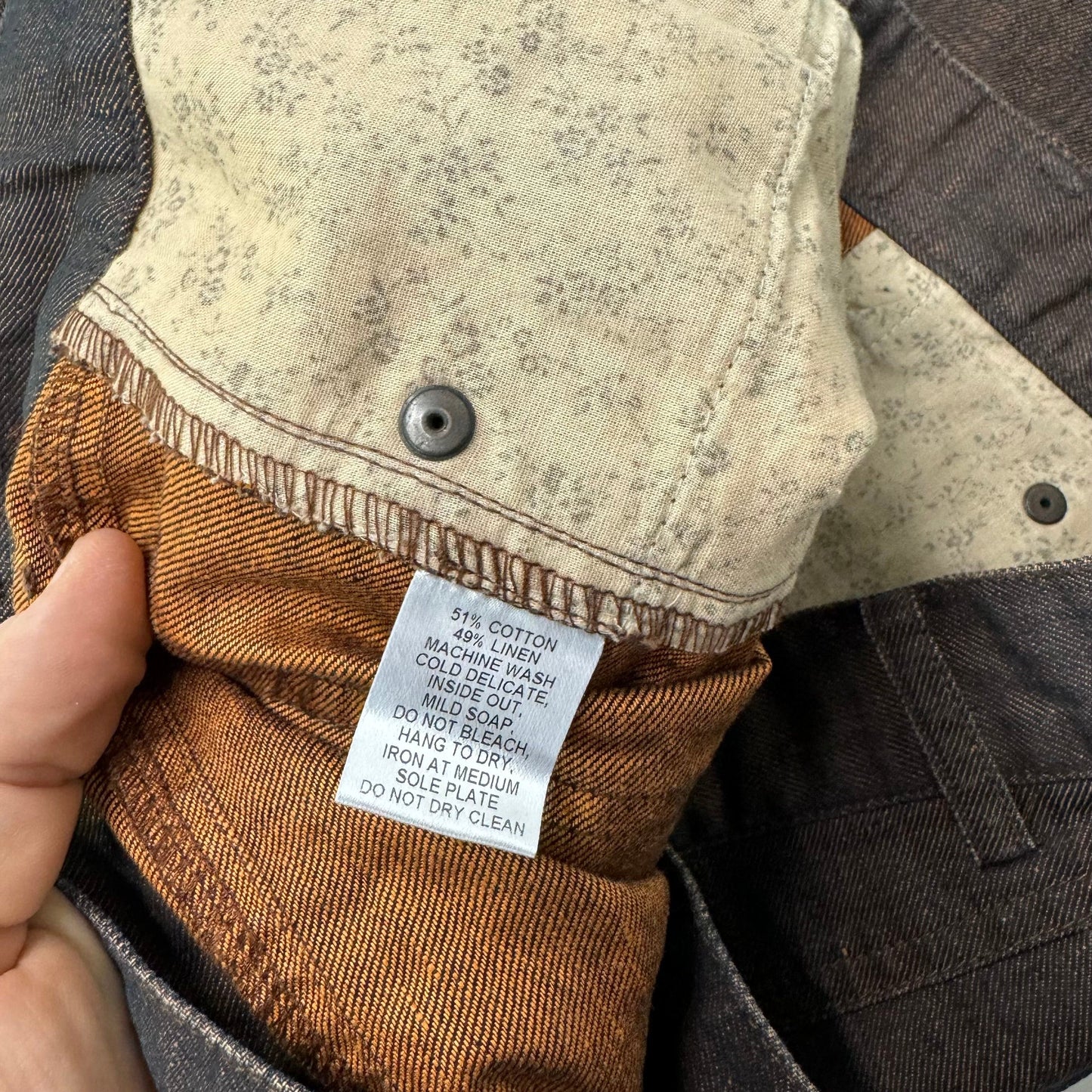 Peruvian Connection Women's Linen Denim Over Dye Jeans - Pre-Owned Size 12 for Casual Wear - Color: Brown