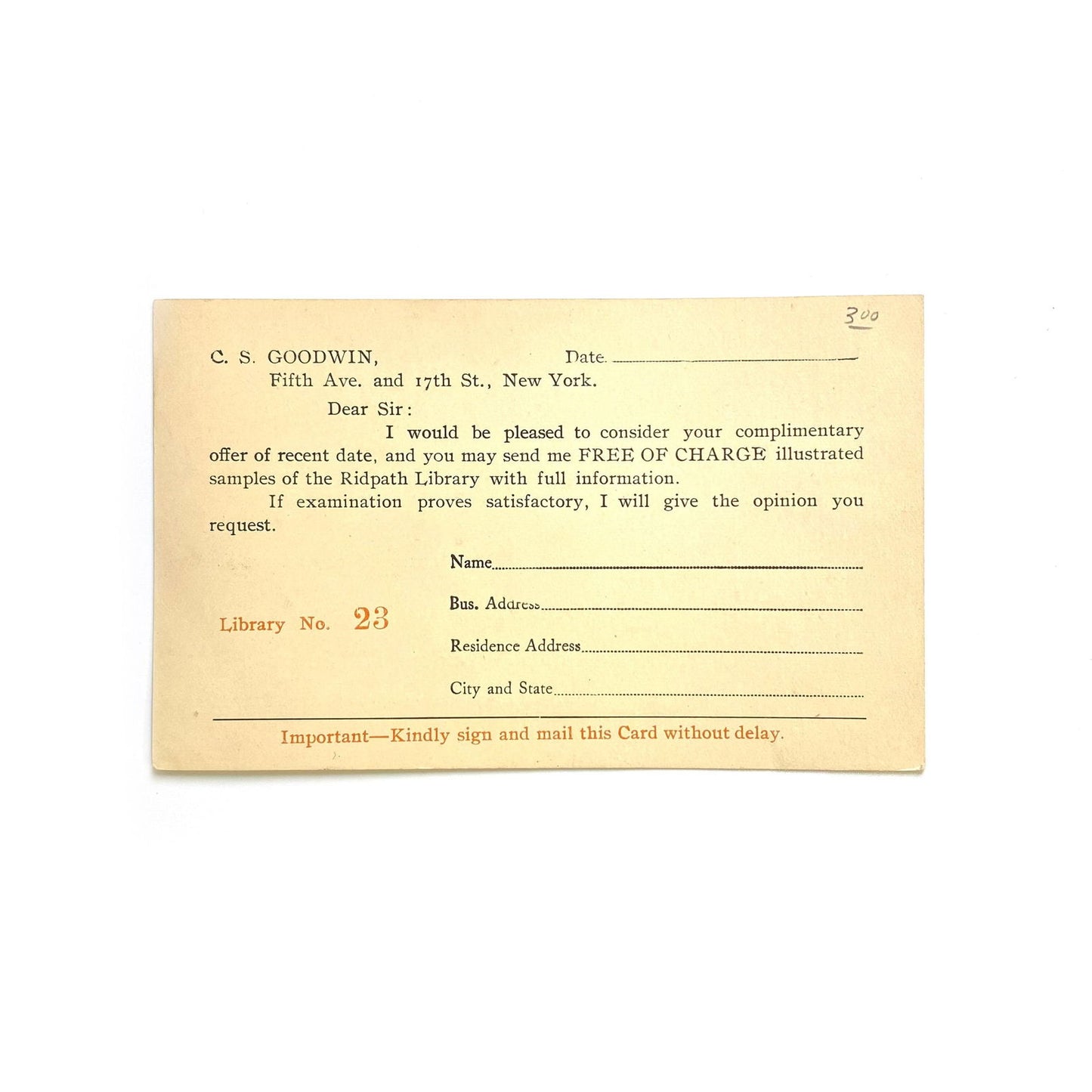 Antique Postal Card - C.S. Goodwin Complimentary Offer - One Cent - | Buy at Parsimony Shoppes