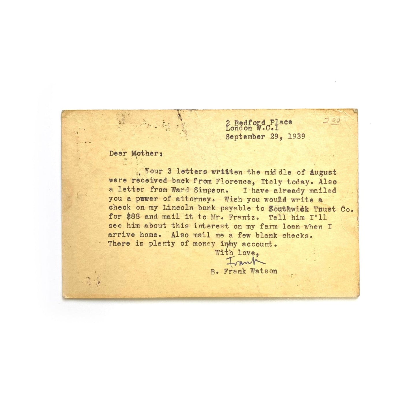 Antique Postal Card - “Dear Mother” Personal London & Nebraska 1939 - | Buy at Parsimony Shoppes