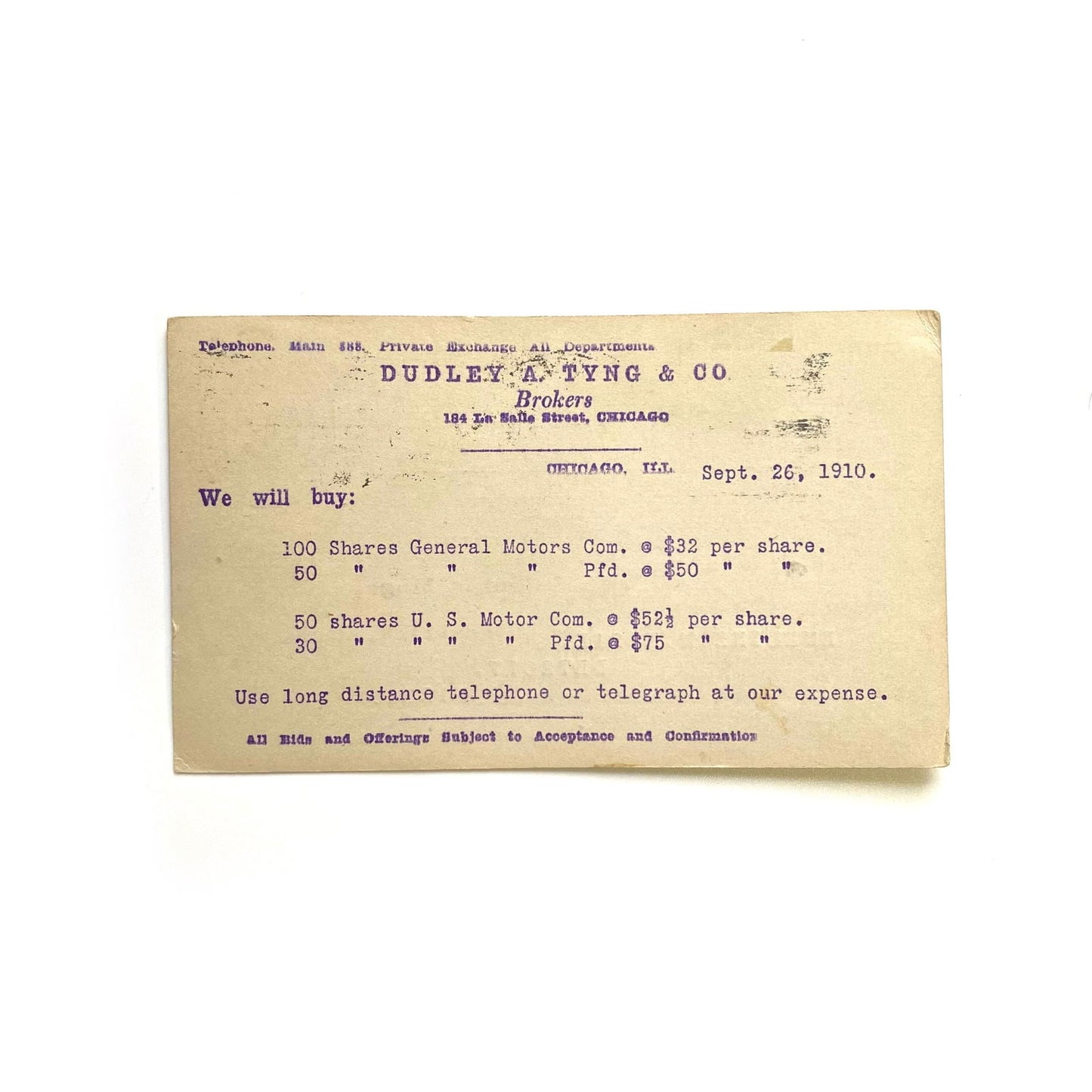 Antique Postal Card - General Motors Buy Sell Shares Dudley A. Tyng Brokers, 1910 - | Buy at Parsimony Shoppes