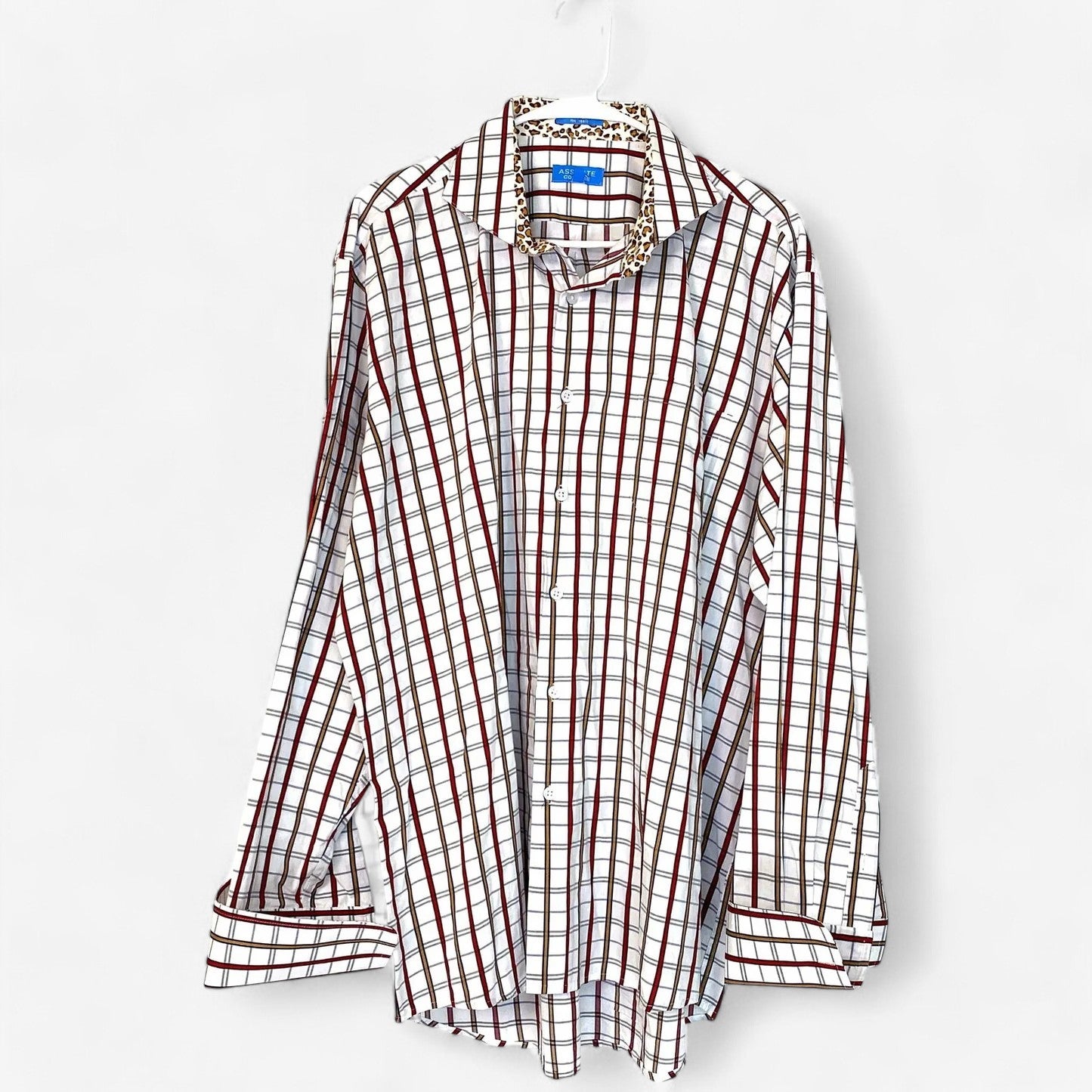 Asante Couture Mens Size 17½ 34/35 White Box Plaid Button-Up Dress Shirt L/s