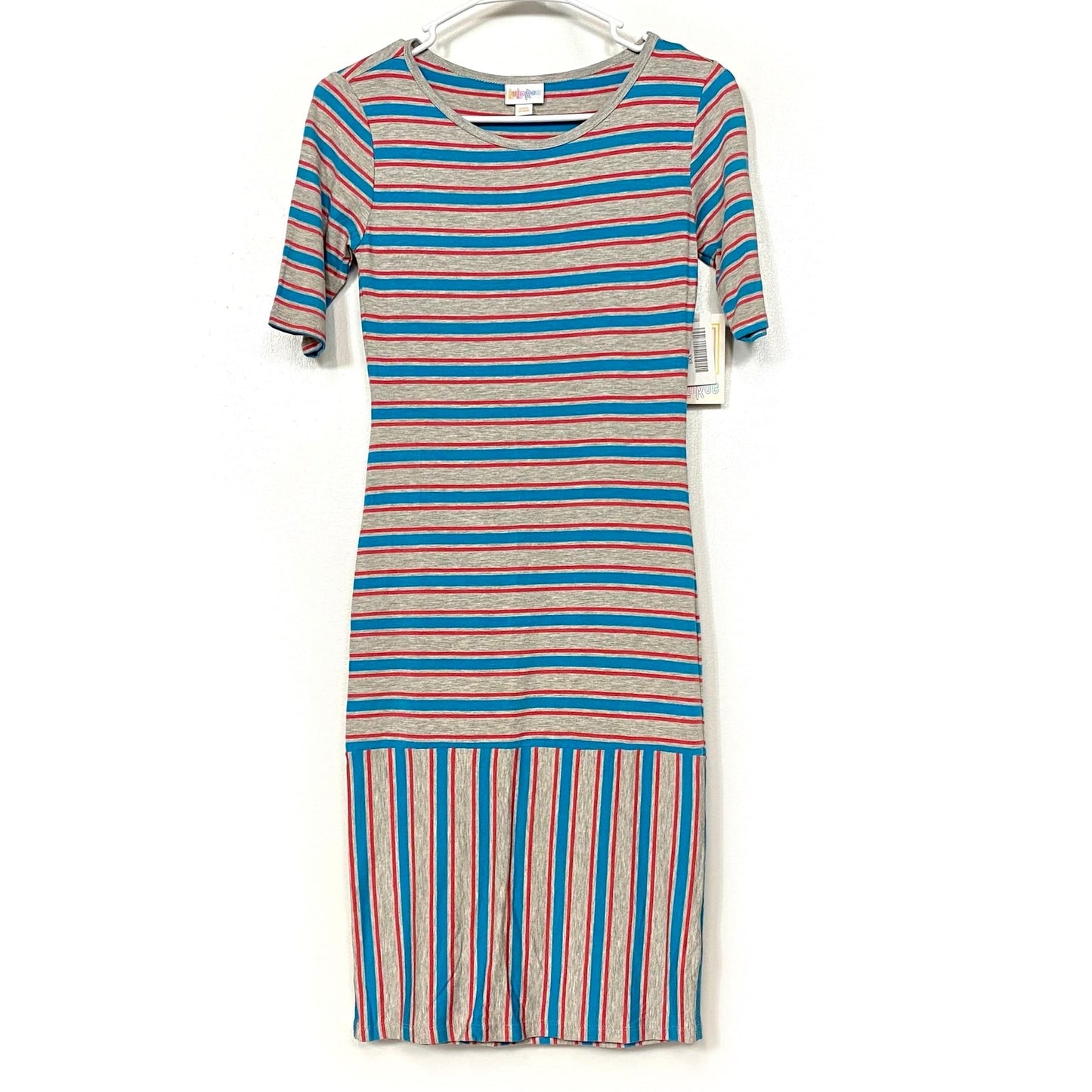 LuLaRoe Julia Bodycon Dress | XXS (00-0) | Gray/Red/Blue | Striped | NWT