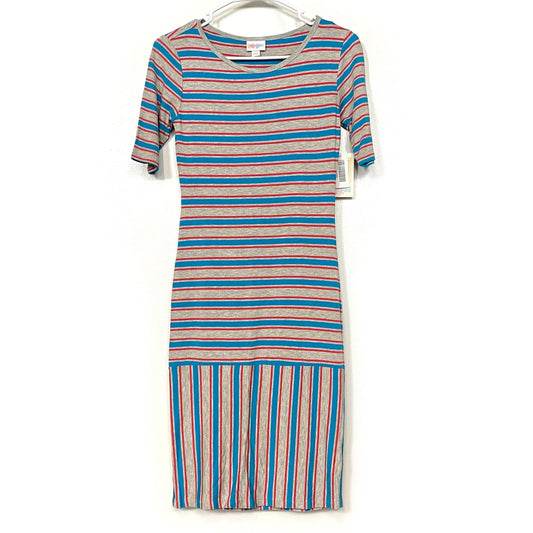 LuLaRoe Julia Bodycon Dress | XXS (00-0) | Gray/Red/Blue | Striped | NWT