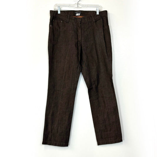 Peruvian Connection Women's Linen Denim Over Dye Jeans - Pre-Owned Size 12 for Casual Wear - Color: Brown