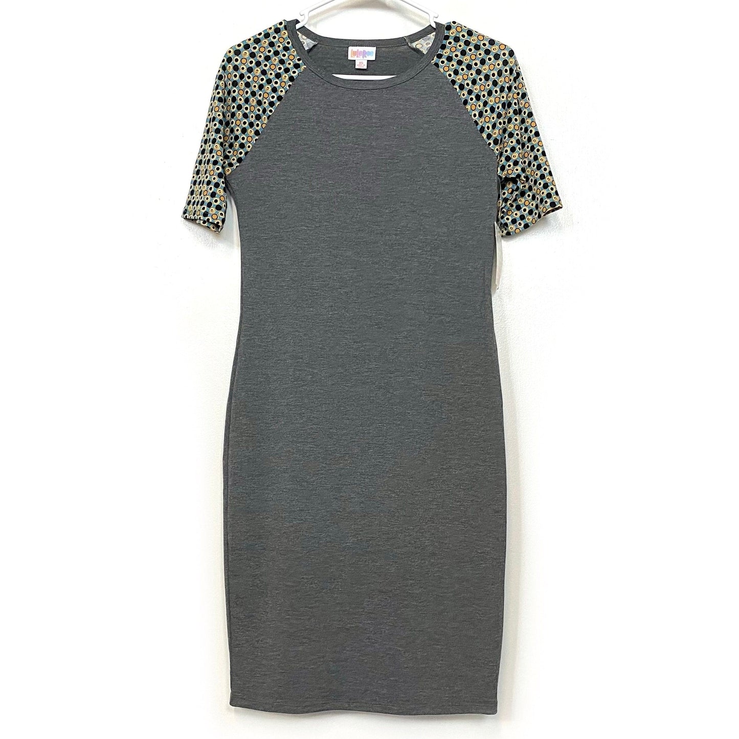 LuLaRoe Julia Bodycon Dress | XS (2-4) | Gray/Blue/Yellow | Spots | NWT