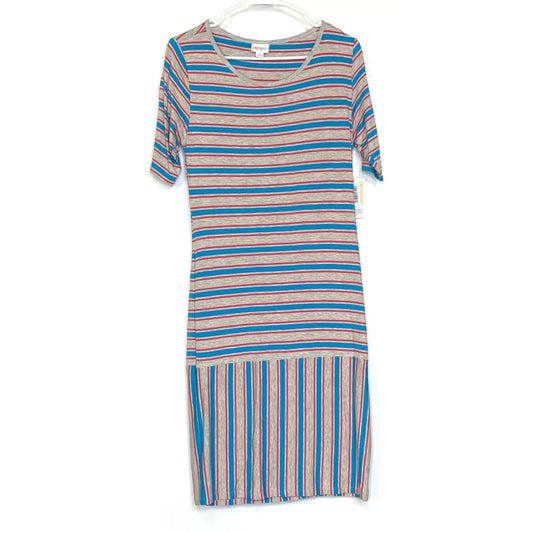 LuLaRoe Julia Bodycon Dress | M (8-10) | Gray/Blue/Red | Striped | NWT