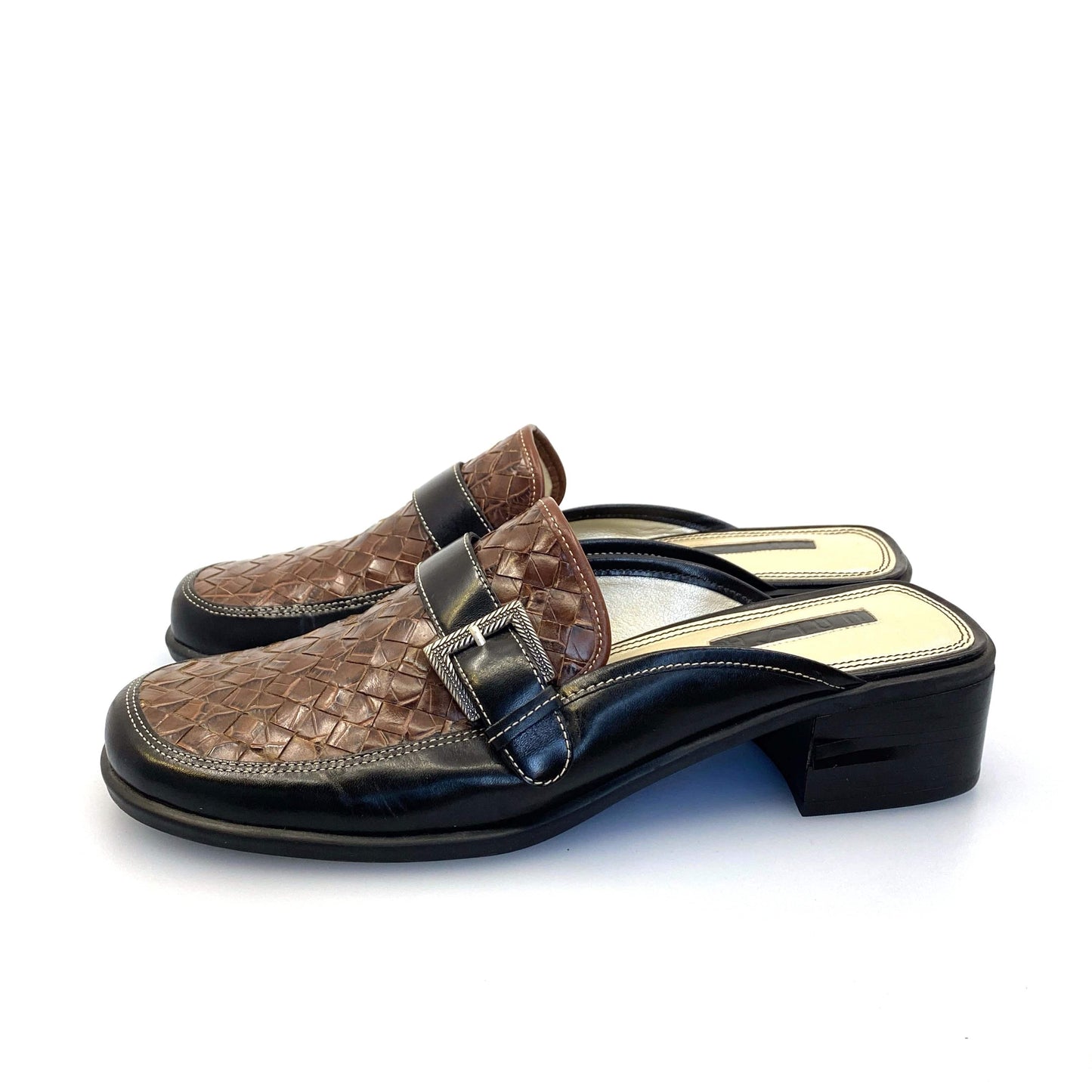 Stunning UNISA Womens Black/Brown Size 9 Weave Dress Mules Shoes w/Buckle