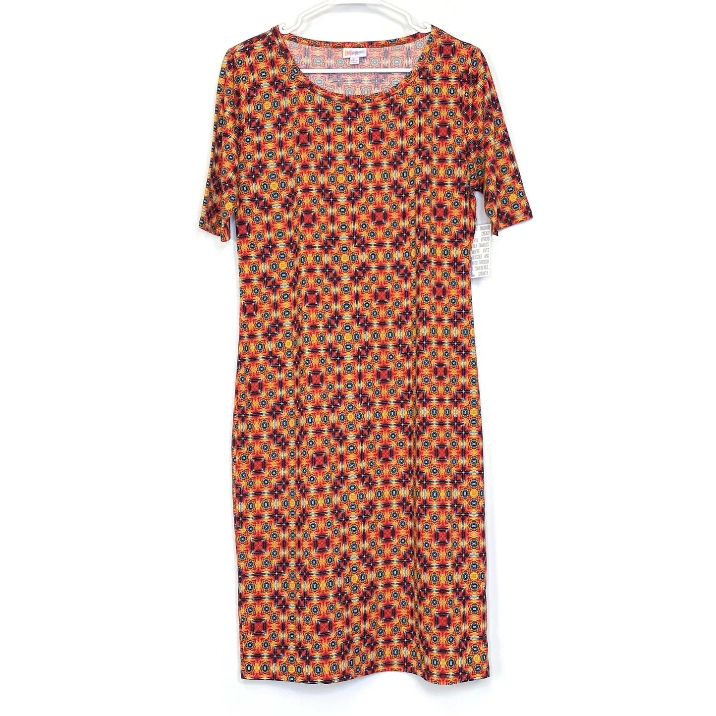LuLaRoe Julia Bodycon Dress | L (12-14) | Red/Orange | Geometric | NWT